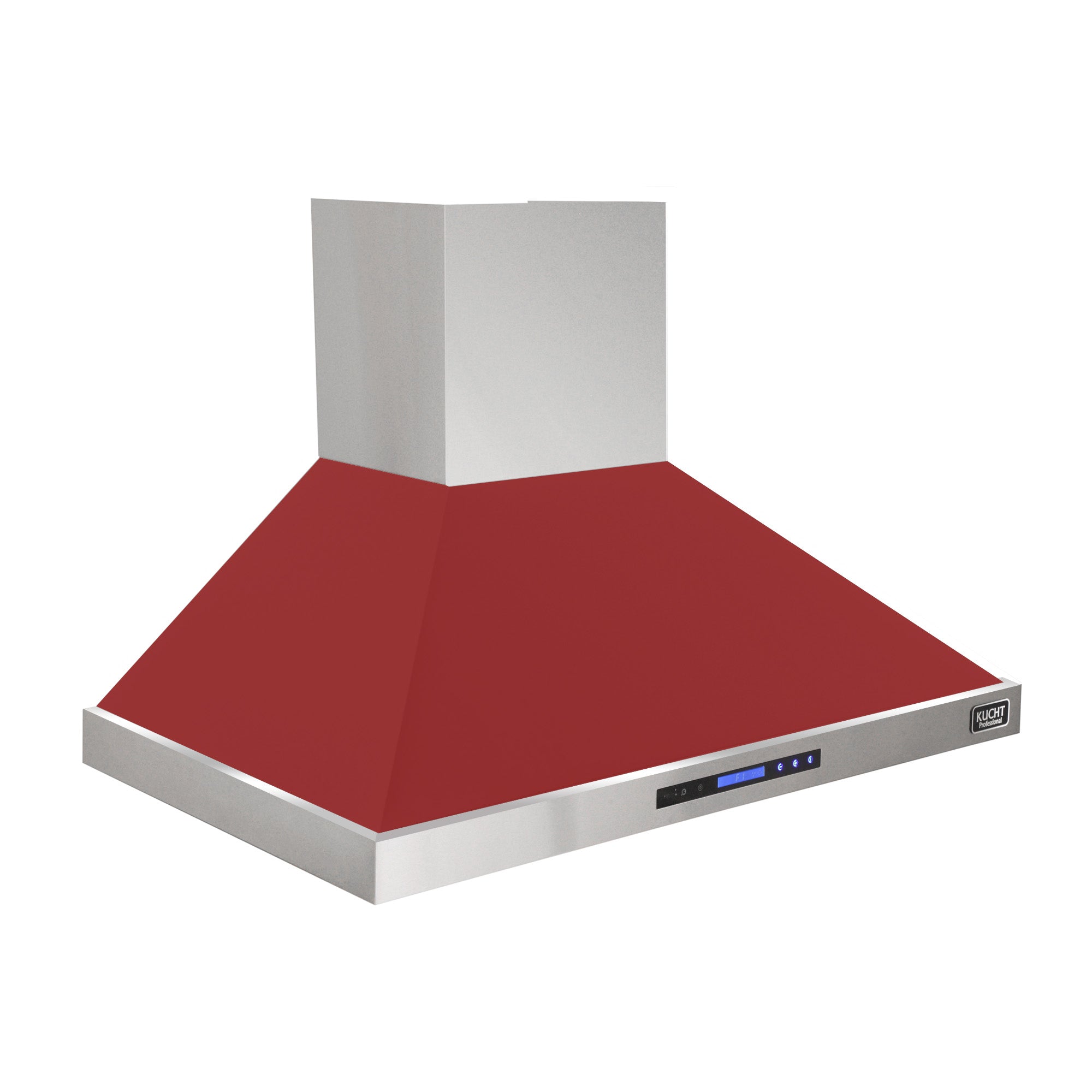 Red wall-mounted range hood with stainless chimney and control panel