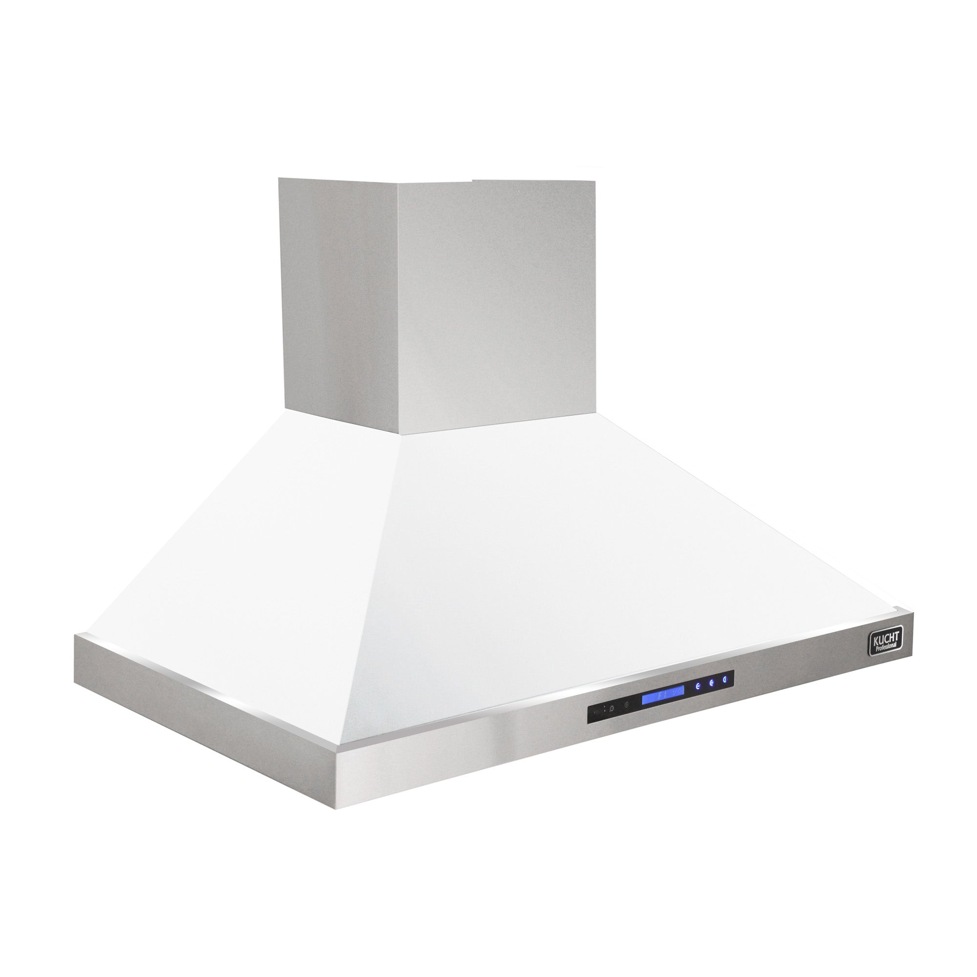 White wall-mounted range hood with control panel and rectangular chimney