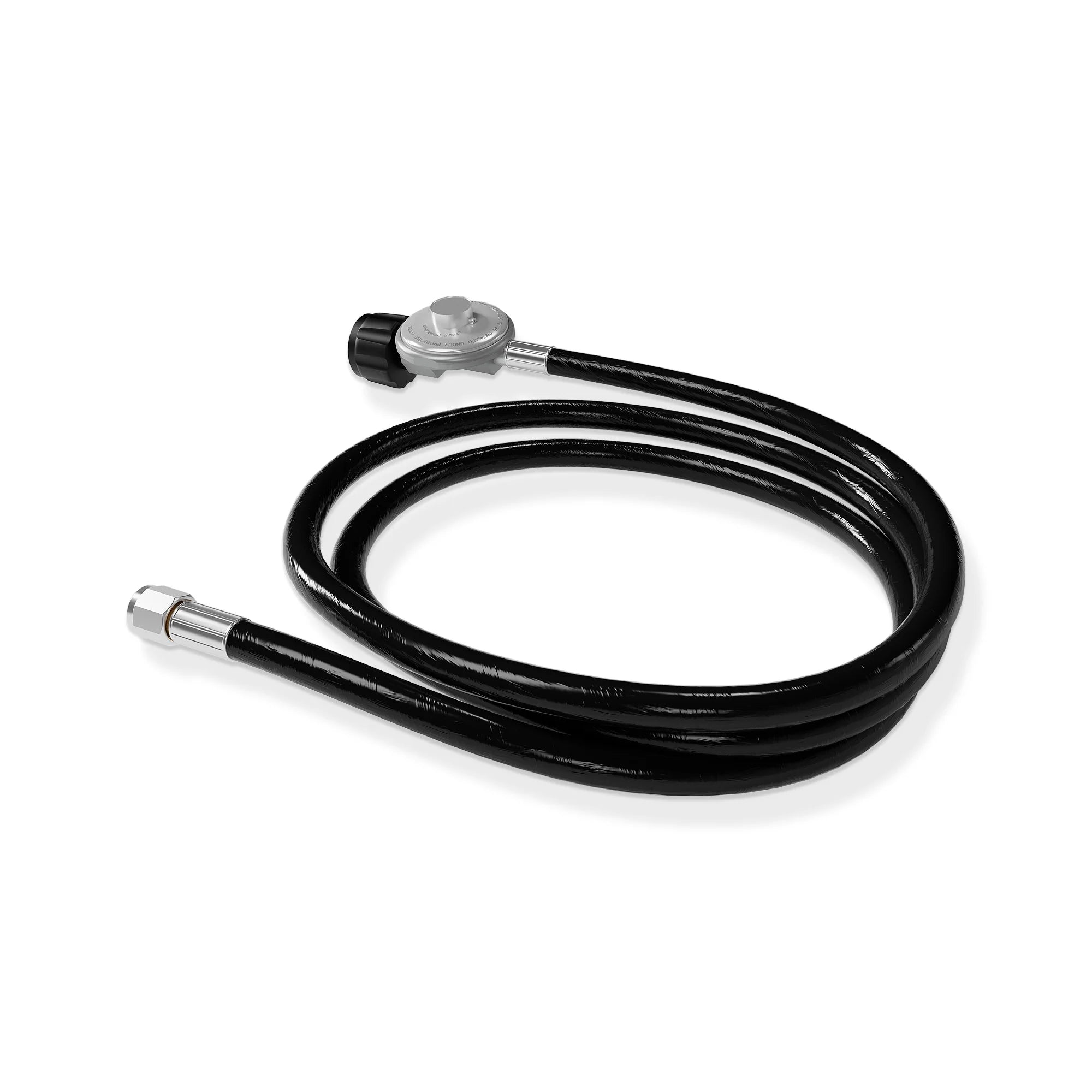 Propane regulator hose replacement, black coiled hose with silver valve regulator and hose ends.