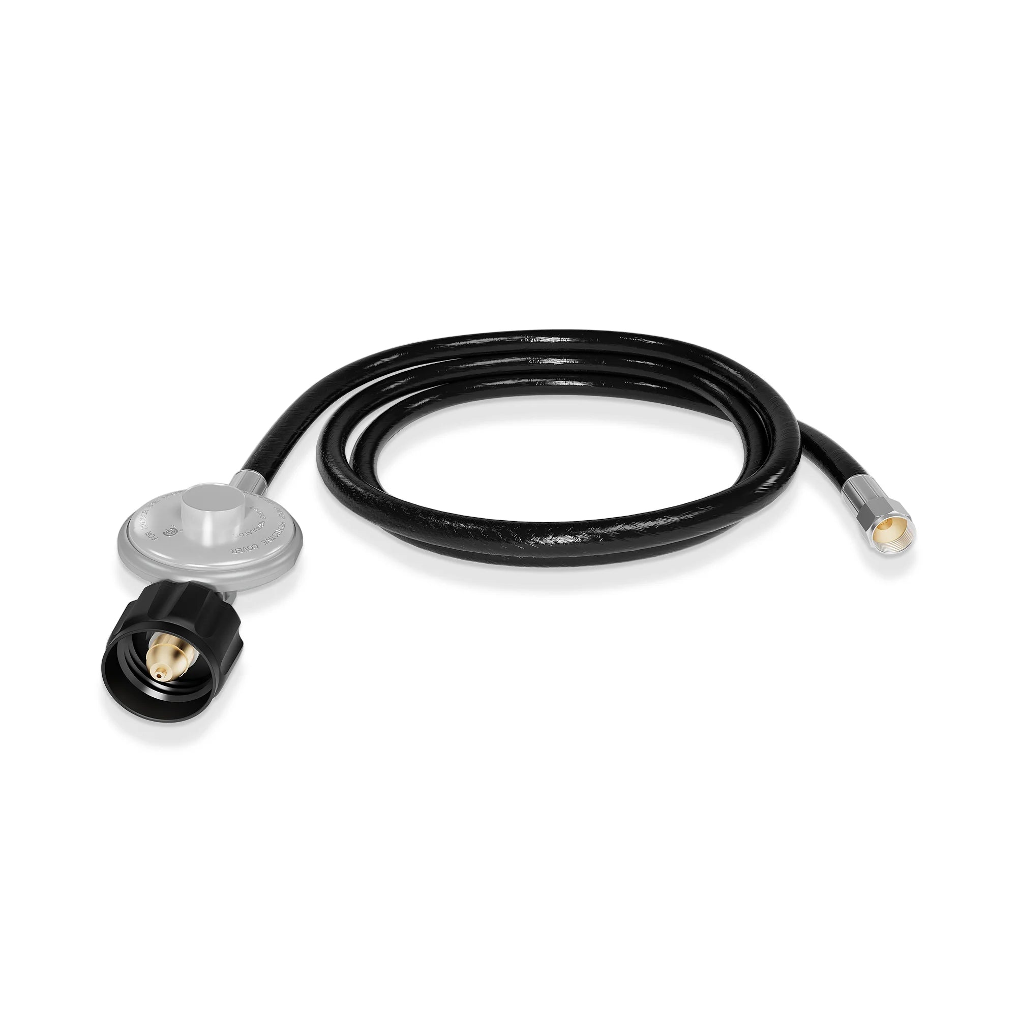 Propane regulator hose replacement, black hose with silver regulator and two end connectors.