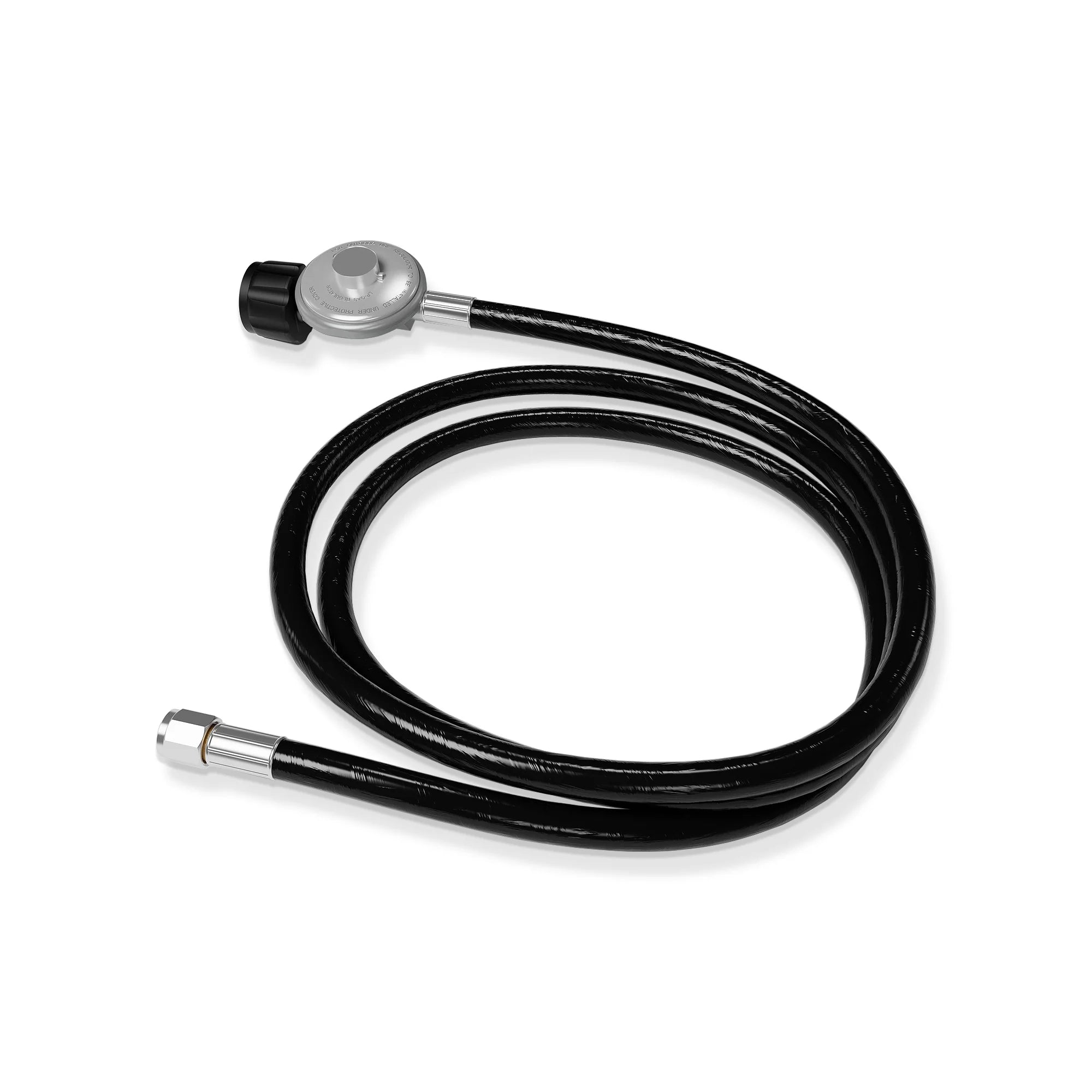 Propane regulator hose replacement, black hose with silver regulator and chrome male end fitting.
