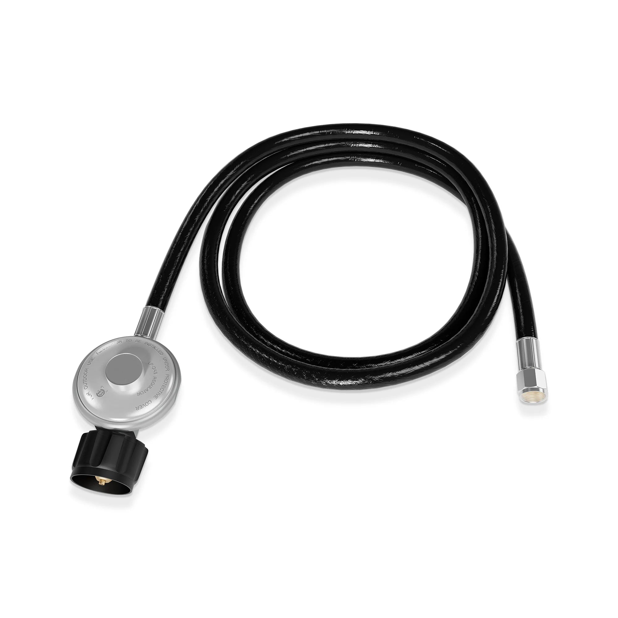 Propane regulator hose replacement, black hose loop with silver regulator and metal connector end.