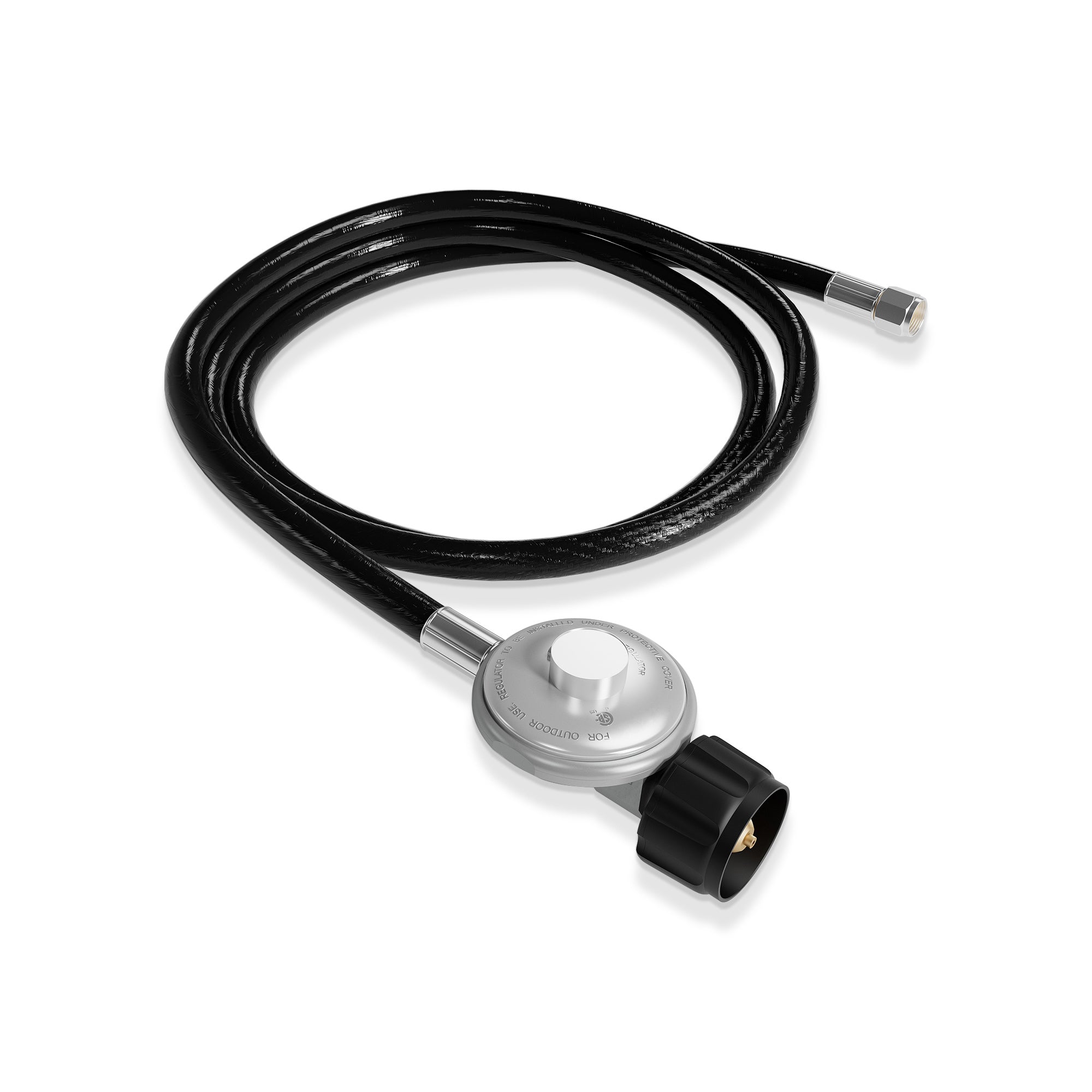 Propane regulator hose replacement, black hose with silver regulator and metal end fittings.