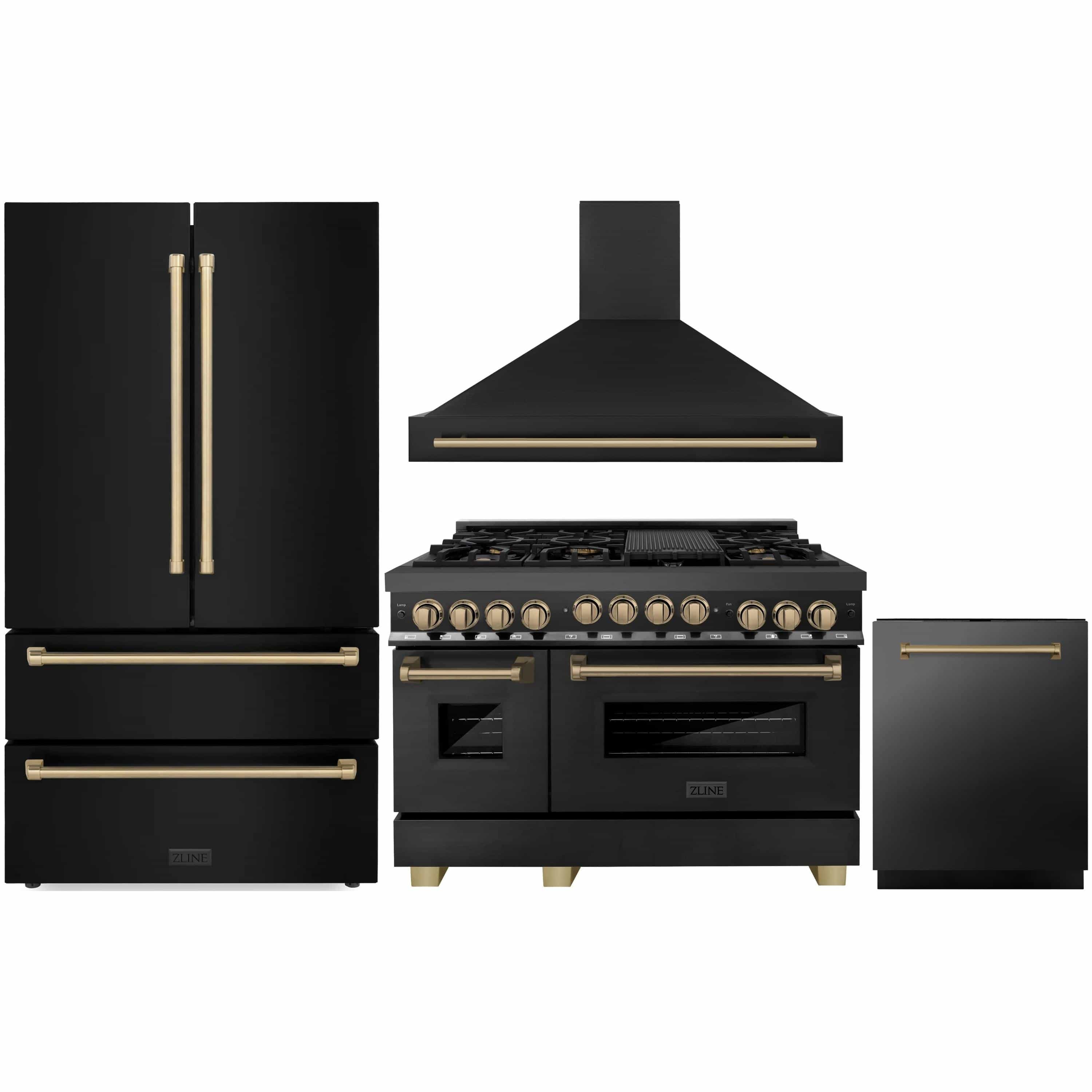 Black kitchen appliance set: range, hood, refrigerator and dishwasher with bronze accents