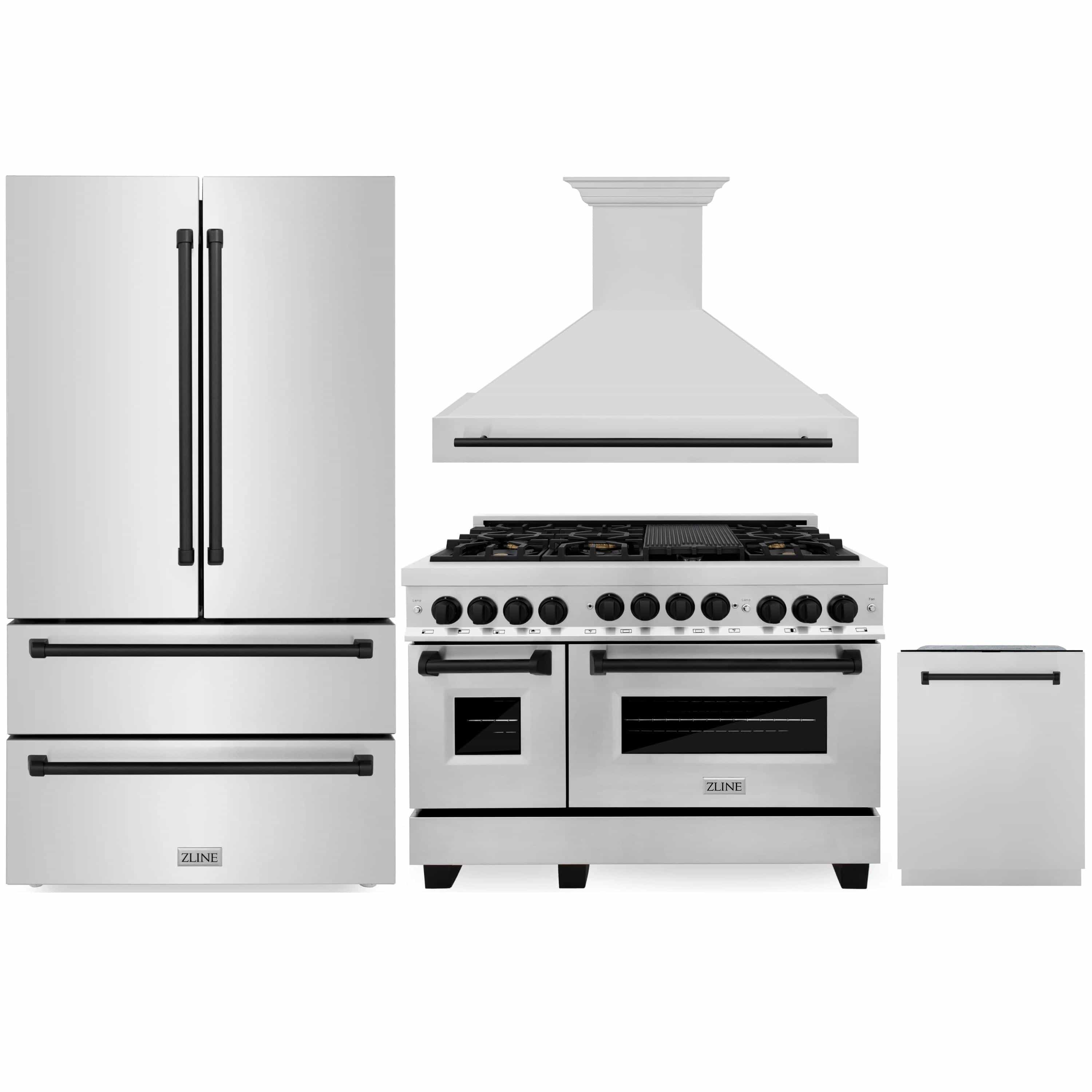 Stainless appliance package with gas range, wall hood, refrigerator, and dishwasher