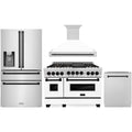 ZLINE Autograph Edition 4-Piece Appliance Package - 48-Inch Stainless Steel Gas Range, Refrigerator with Water Dispenser, Wall Mounted Range Hood, & 24-Inch Tall Tub Dishwasher in White Matte and Matte Black Accents (4AKPR-SGRWMRHDWM48-MB)