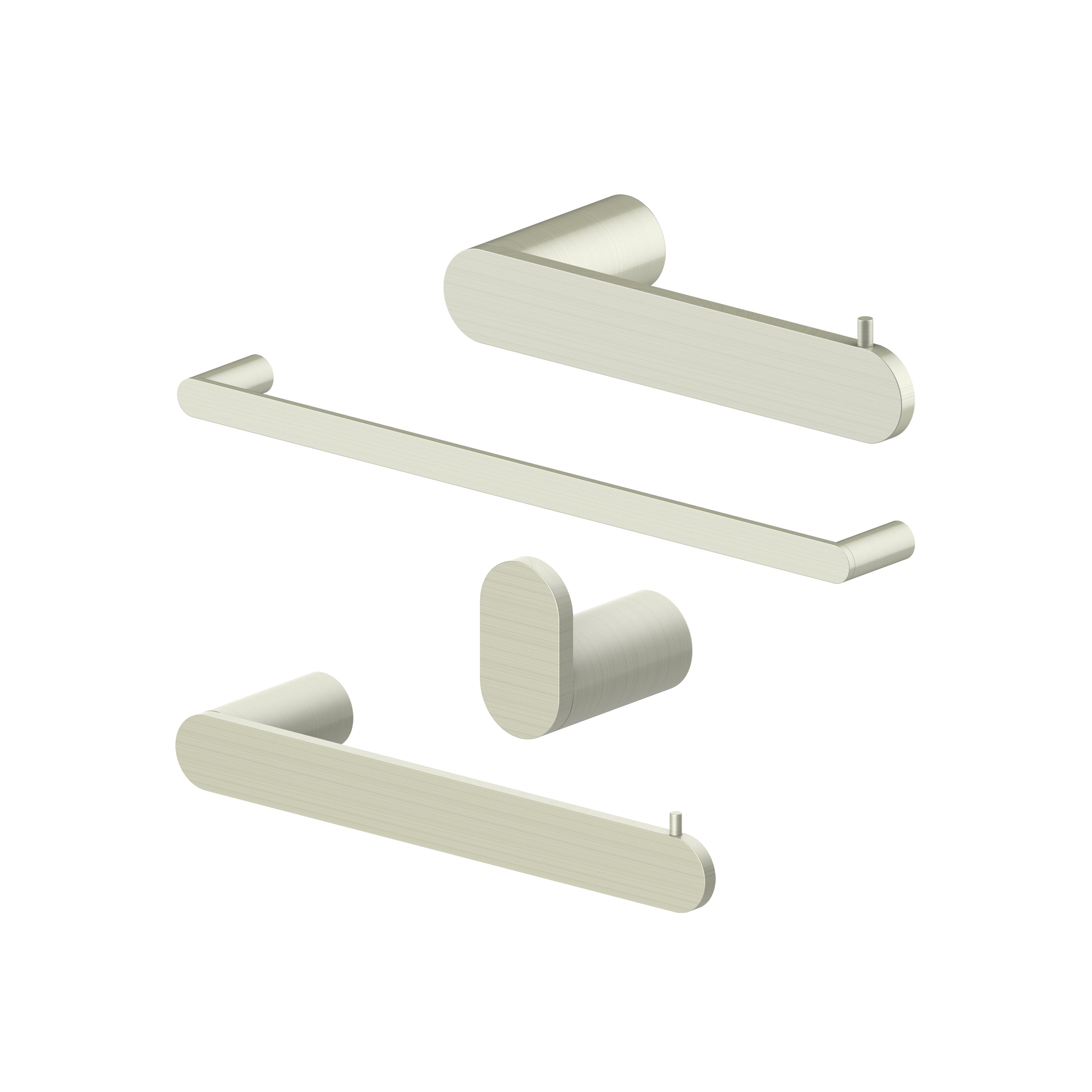 Bathroom accessory set in brushed nickel: towel rail, hook, ring, and toilet paper holder