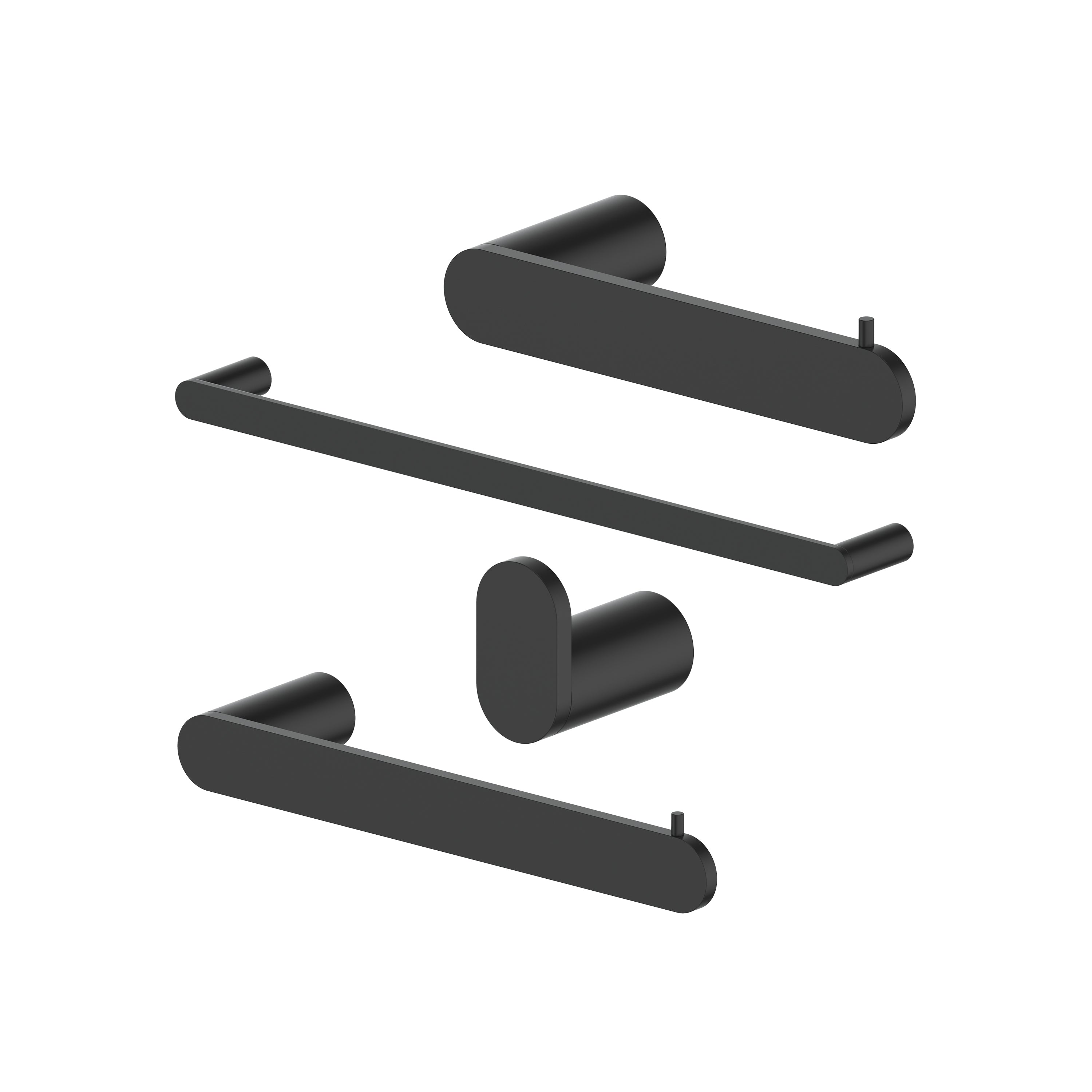 Matte black bathroom accessory set with towel bars, wall hook, and towel ring