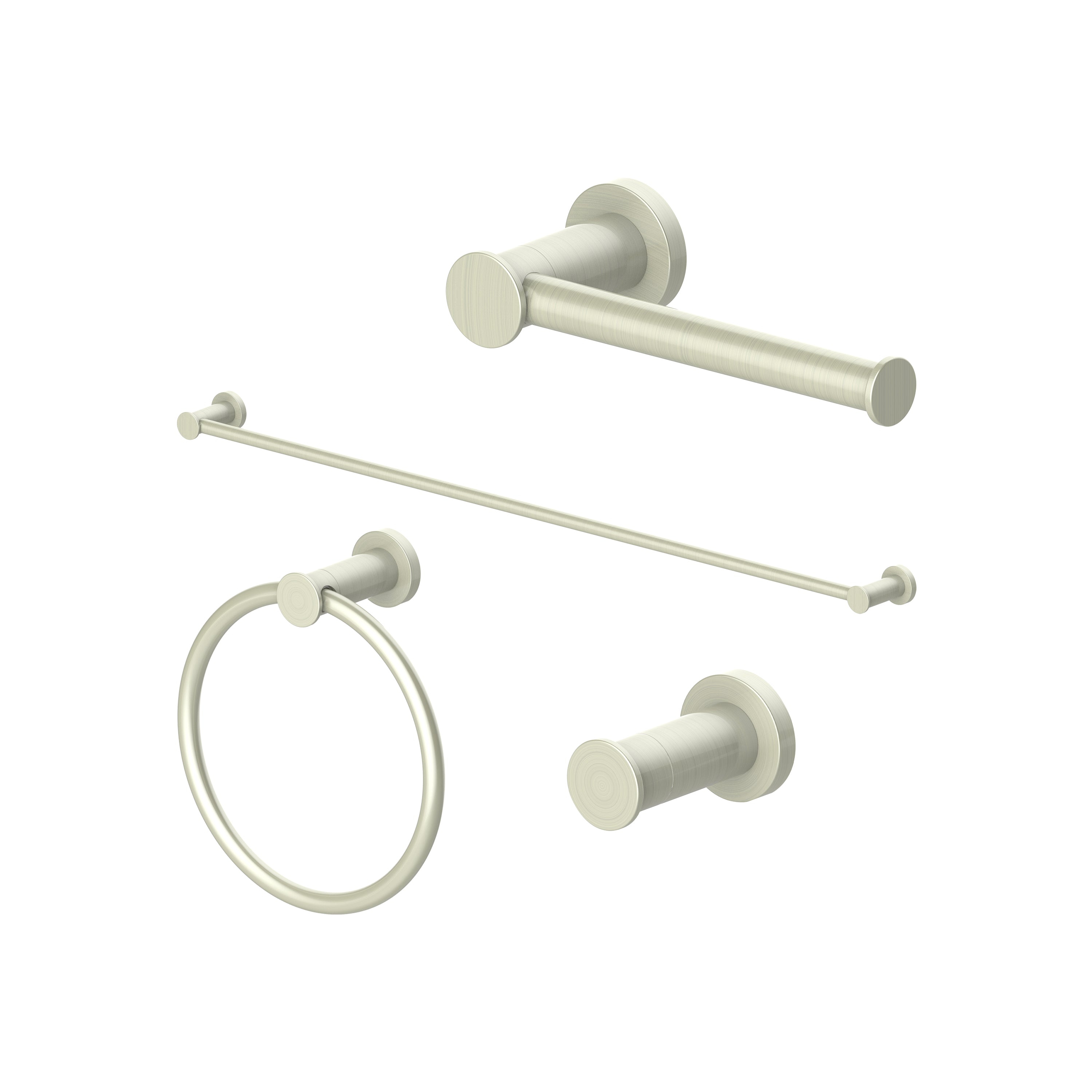 Brushed nickel bathroom accessory set with towel rail, hook, ring, and paper holder