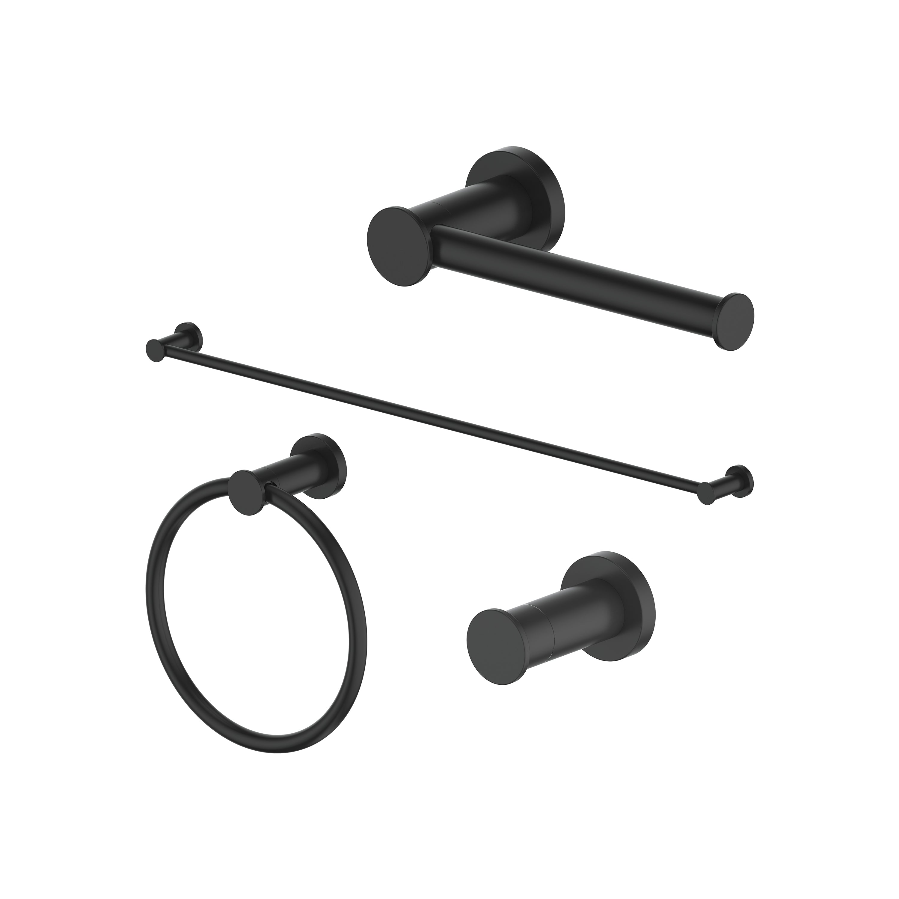 Matte black bathroom accessory set with towel rail, hook, and towel ring
