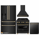 ZLINE Autograph Edition 4-Piece Appliance Package - 30-Inch Dual Fuel Range, Refrigerator with Water Dispenser, Wall Mounted Range Hood, & 24-Inch Tall Tub Dishwasher in Black Stainless Steel with Champagne Bronze Trim (4KAPR-RABRHDWV30-CB)