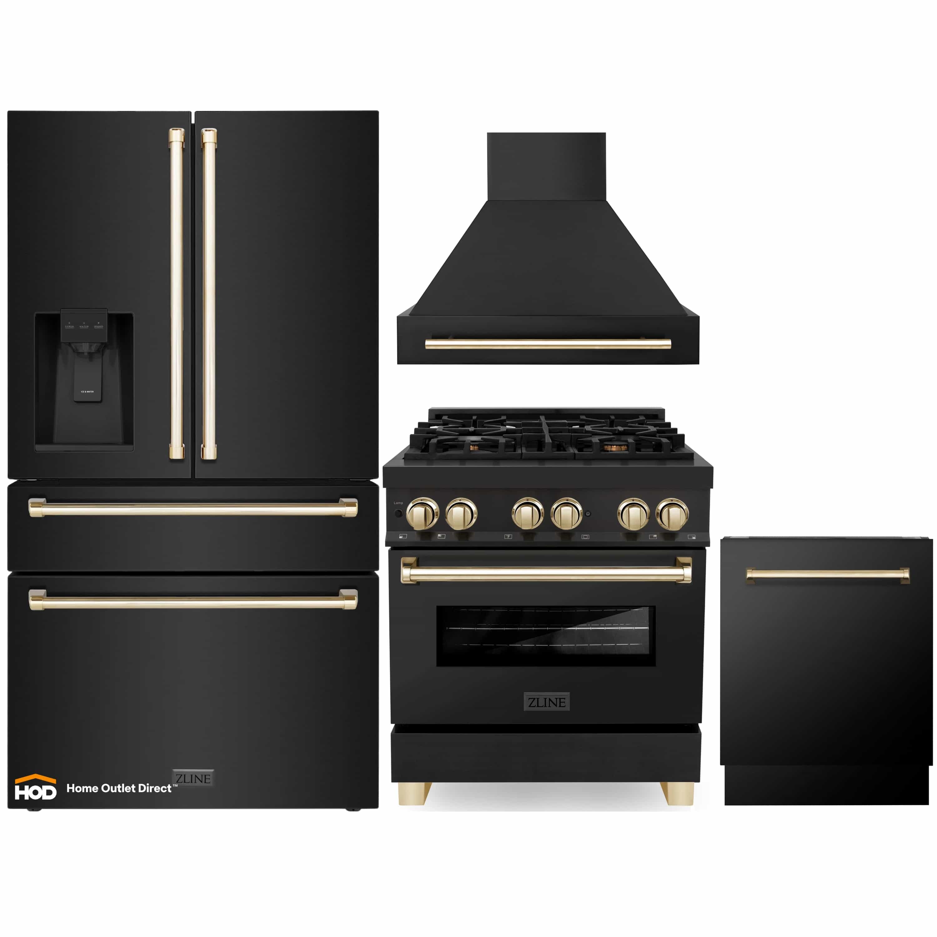 Black kitchen appliance set: refrigerator, dual-fuel range, wall hood, and dishwasher
