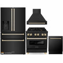 ZLINE Autograph Edition 4-Piece Appliance Package - 30-Inch Dual Fuel Range, Refrigerator with Water Dispenser, Wall Mounted Range Hood, & 24-Inch Tall Tub Dishwasher in Black Stainless Steel with Gold Trim (4KAPR-RABRHDWV30-G)