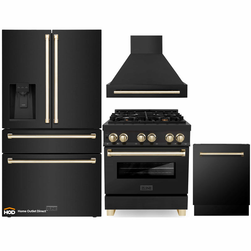 ZLINE Autograph Edition 4-Piece Appliance Package - 30-Inch Dual Fuel Range, Refrigerator with Water Dispenser, Wall Mounted Range Hood, & 24-Inch Tall Tub Dishwasher in Black Stainless Steel with Gold Trim (4KAPR-RABRHDWV30-G)