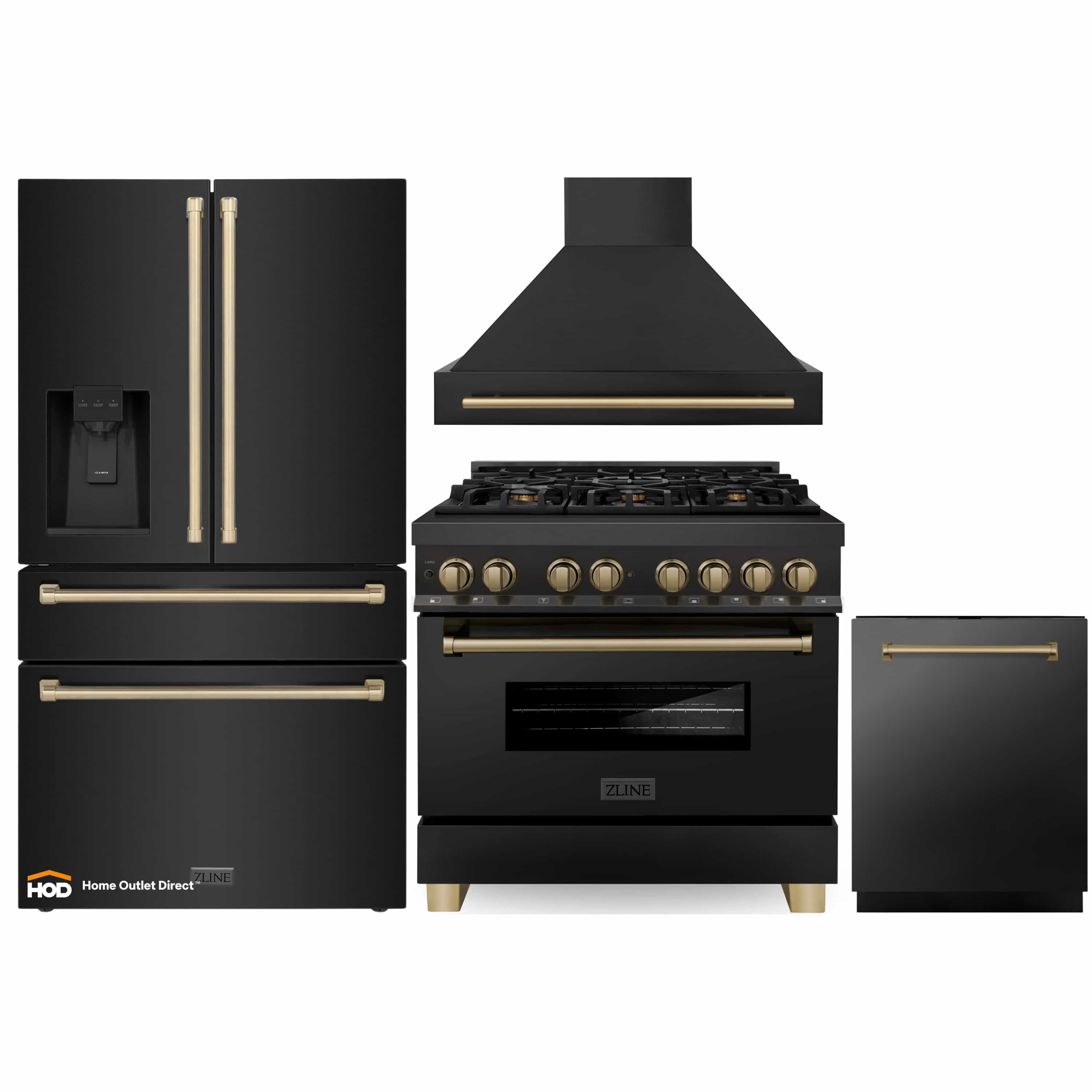 Matte black dual-fuel range with champagne bronze accents beside refrigerator units