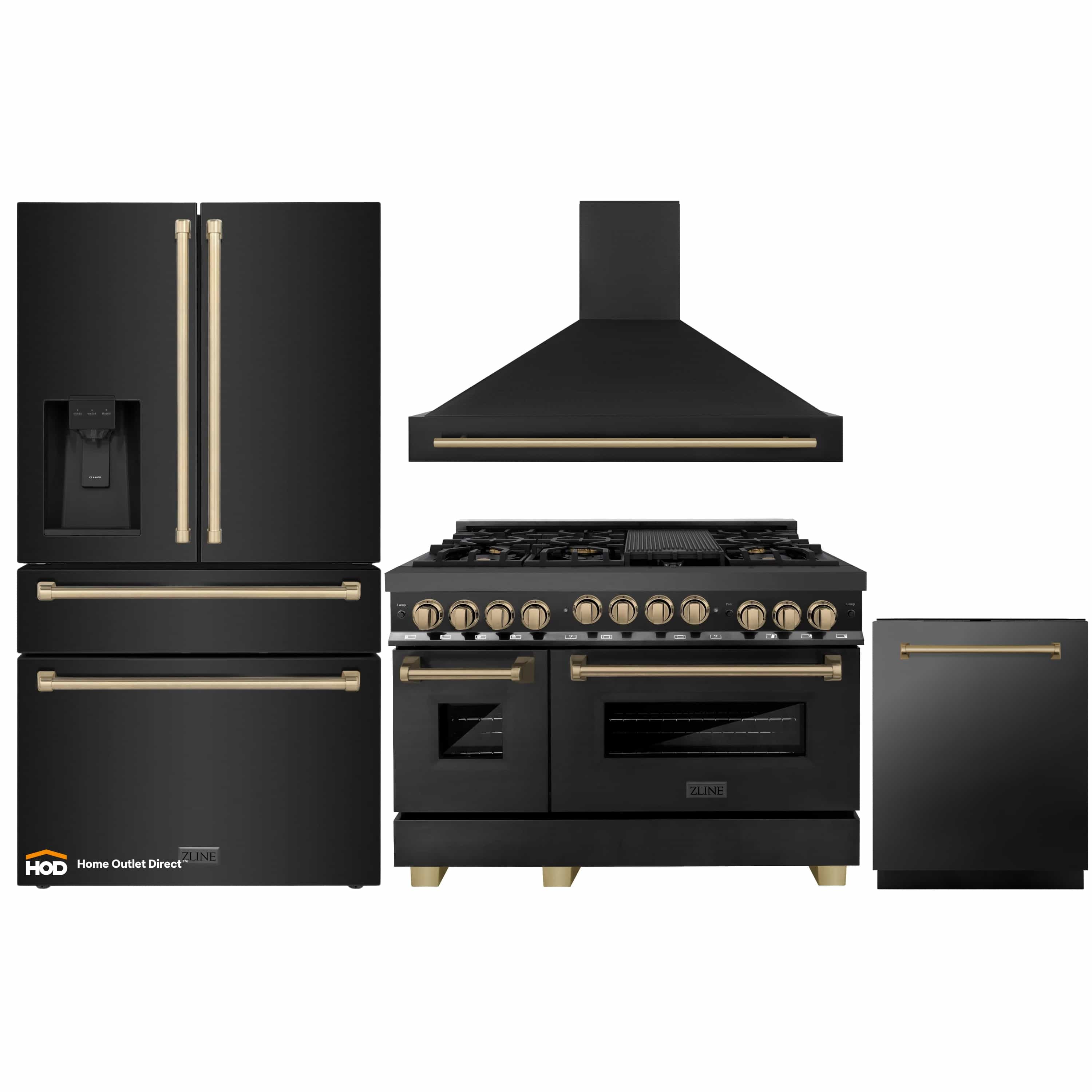 Black appliance package featuring refrigerator, dual fuel range, and wall hood with bronze accents