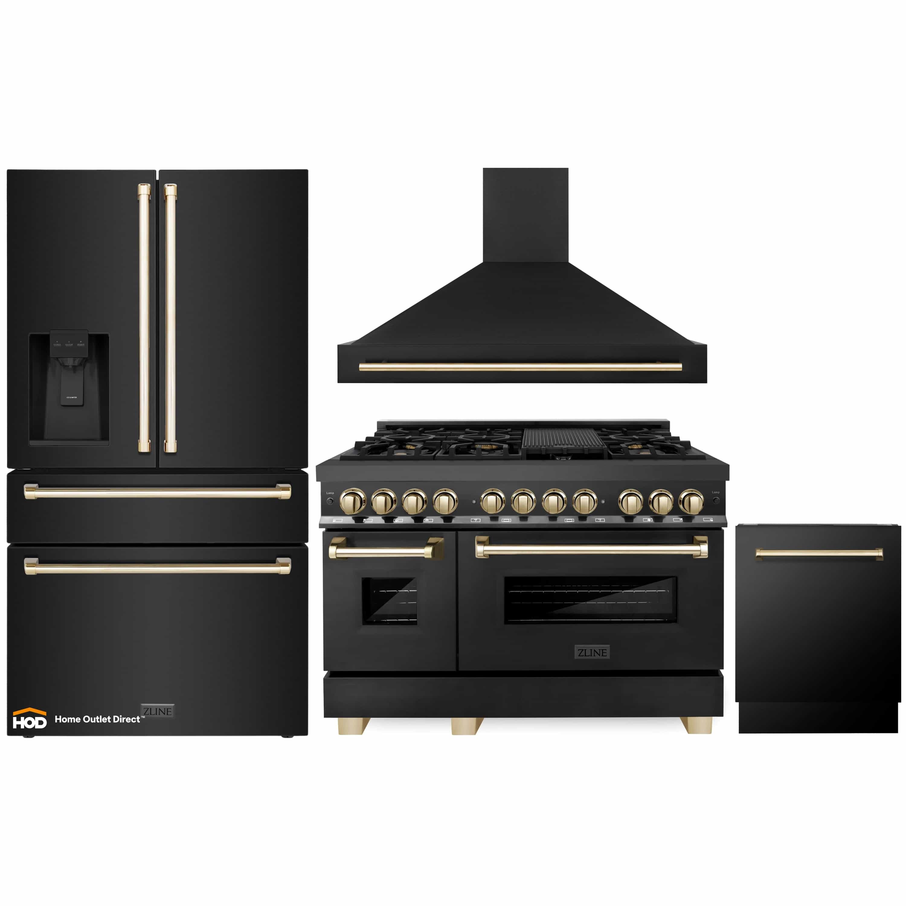 Stainless steel range and wall hood with black refrigerator and dishwasher in gold trim