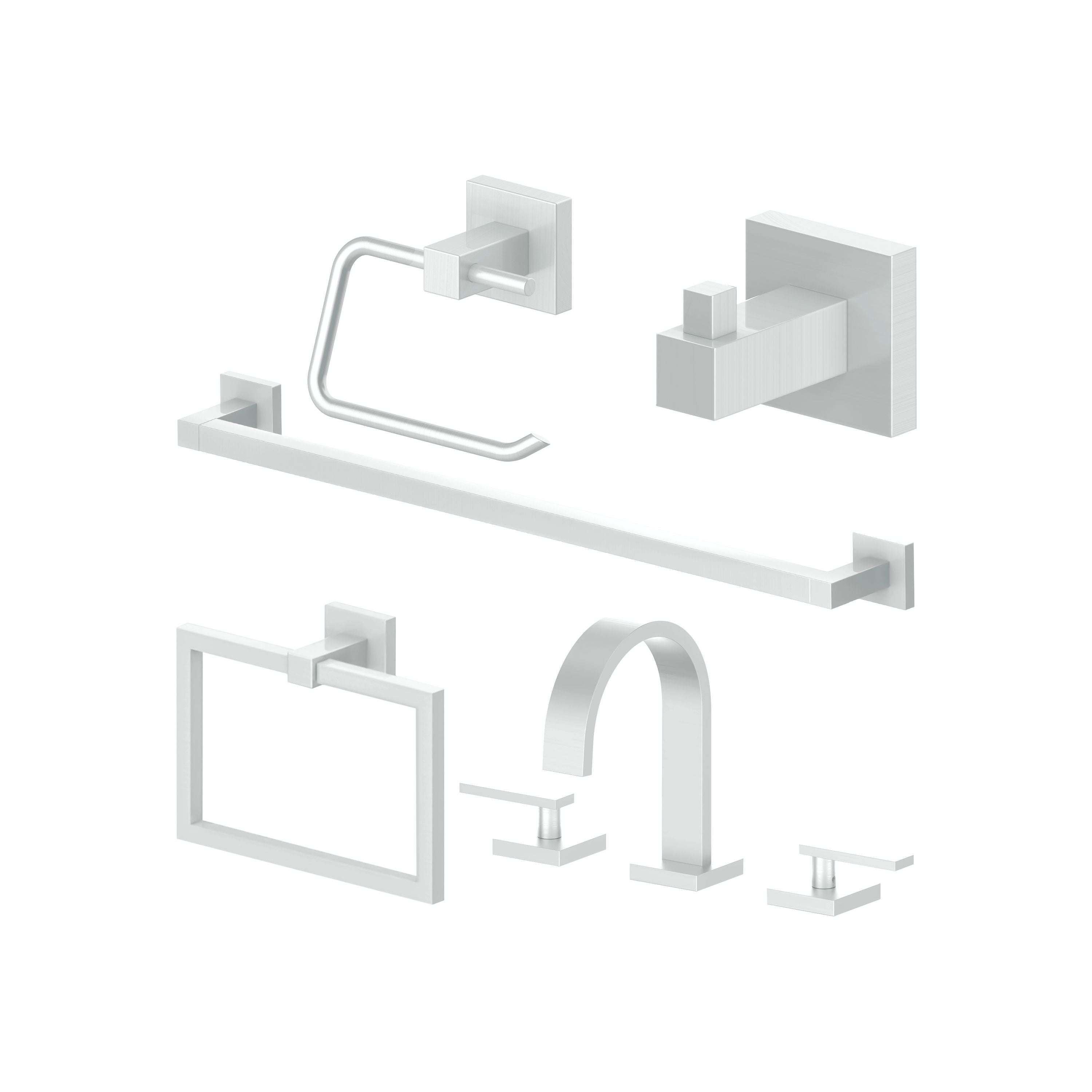 Chrome bathroom accessory set with towel rail, hook, ring, toilet paper holder, and faucet.