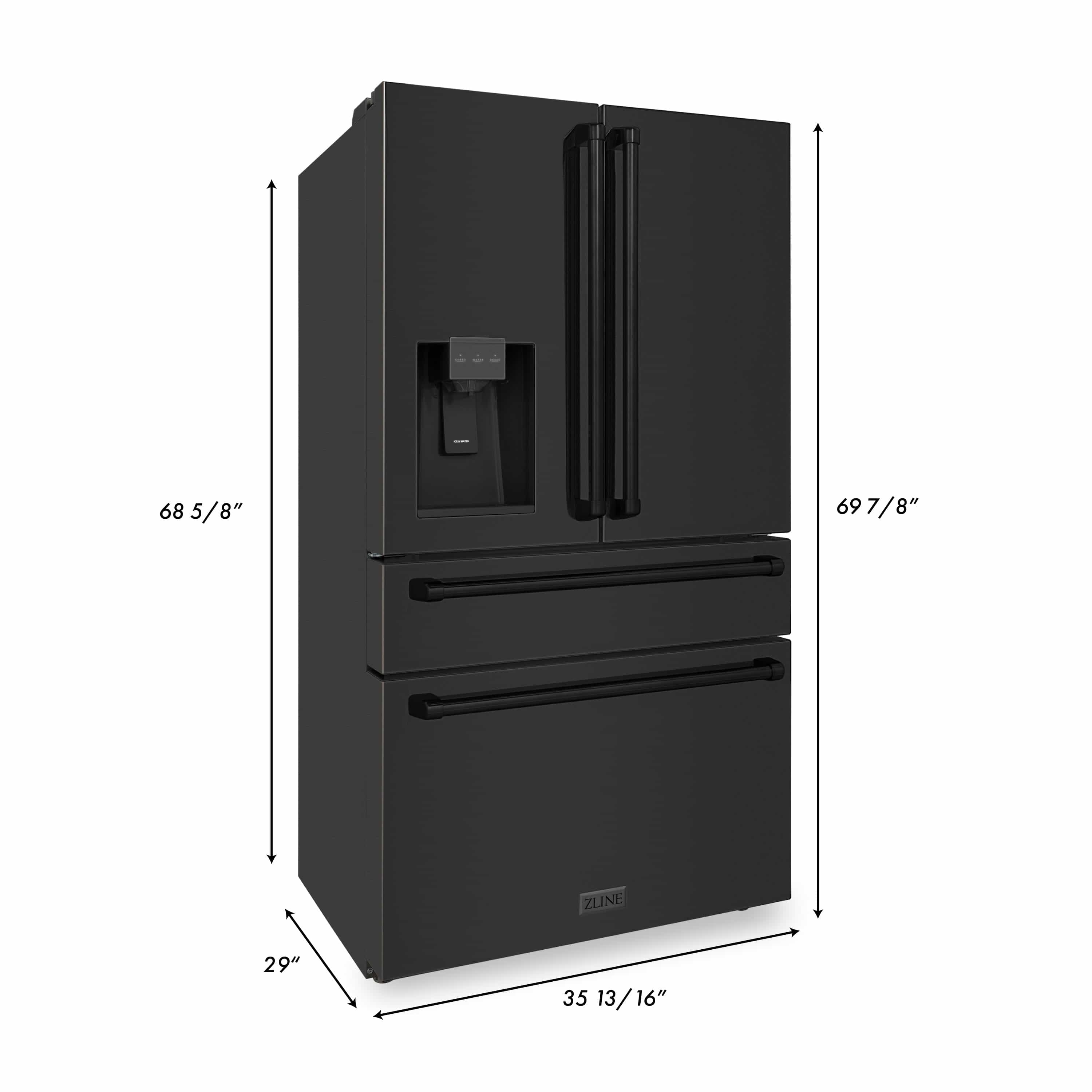 Black stainless steel refrigerator with front view and printed size measurements