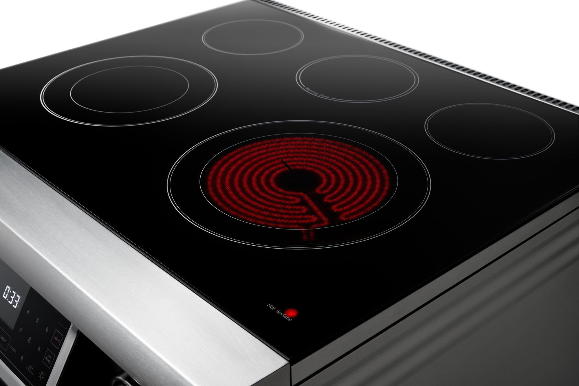 Stainless electric cooktop with four radiant burners and red illuminated center