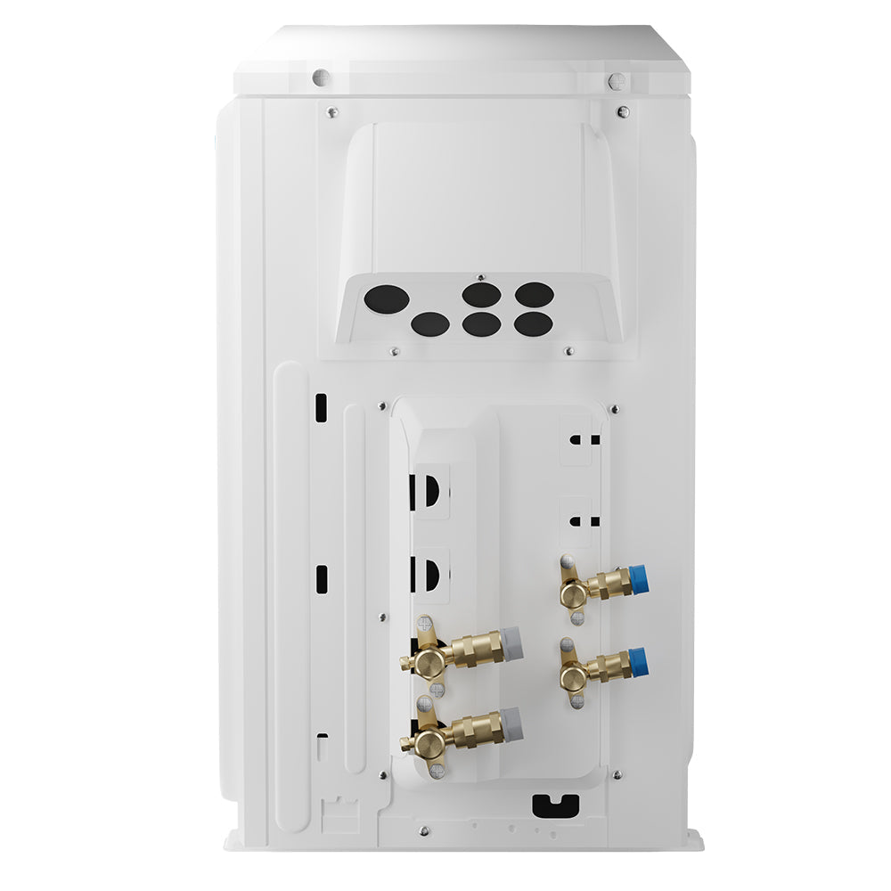 Ductless mini split outdoor unit wiring and service panel with brass ports and cover
