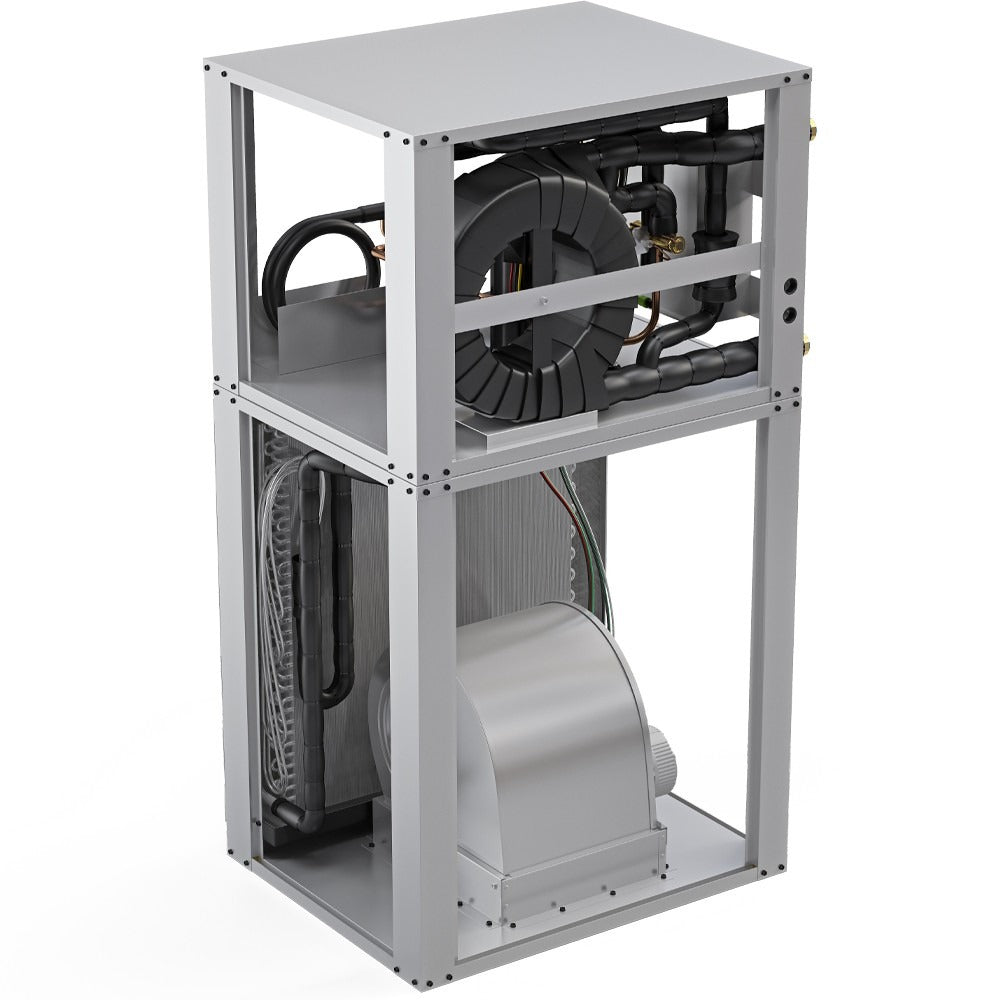 HVAC heat pump with open sides showing compressor housing and condenser coil section
