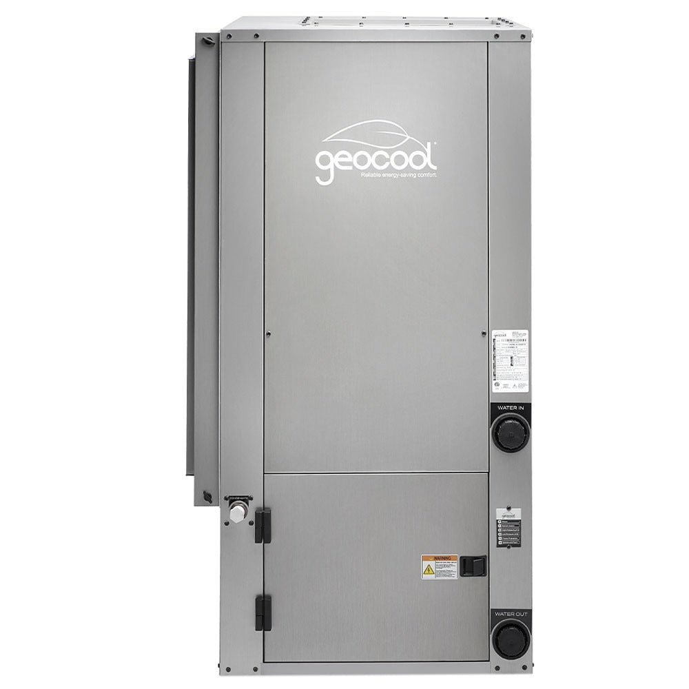 GeoCool vertical heat pump unit with gray housing, side controls, and circular service knob