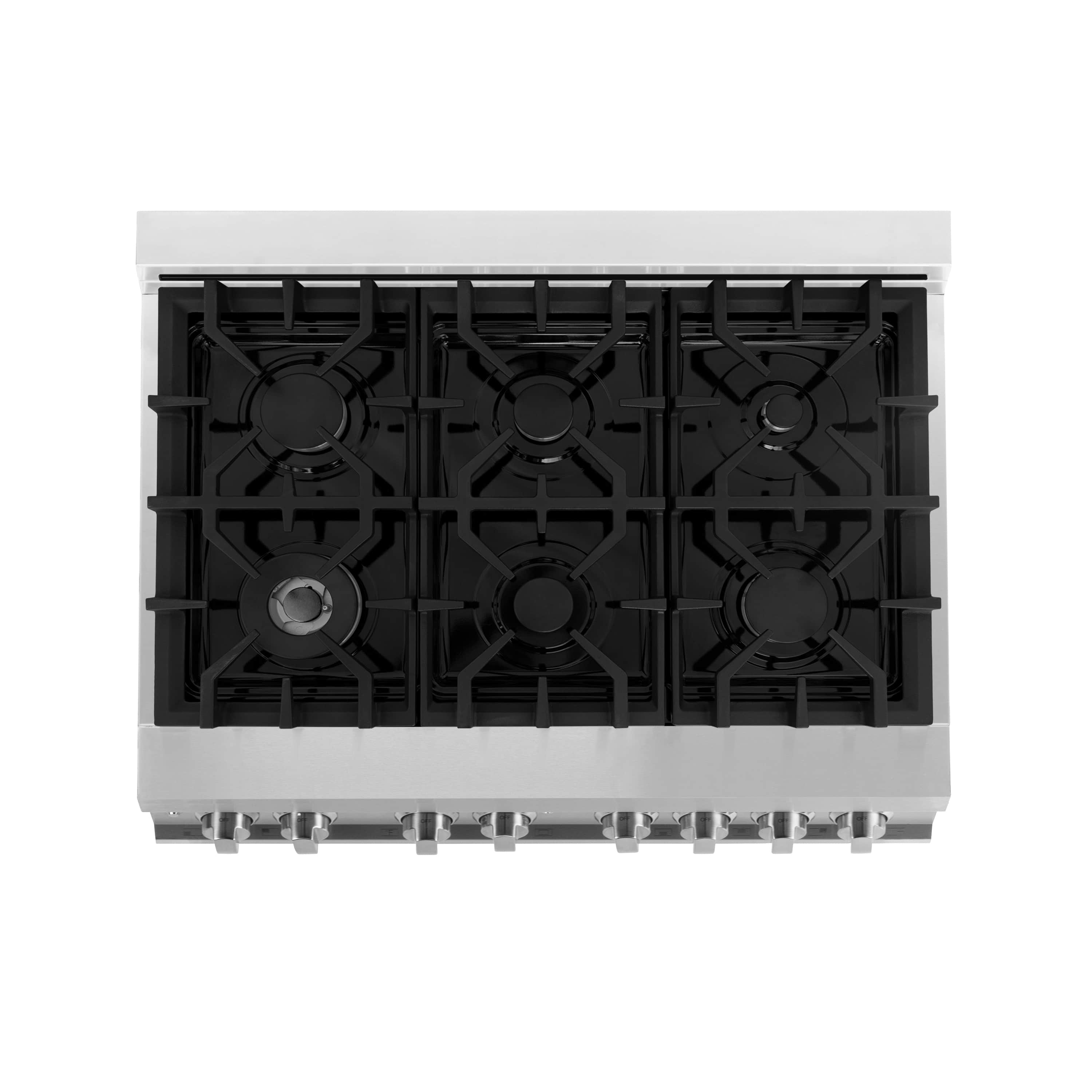 Stainless steel cooktop with six gas burner grates and burner openings