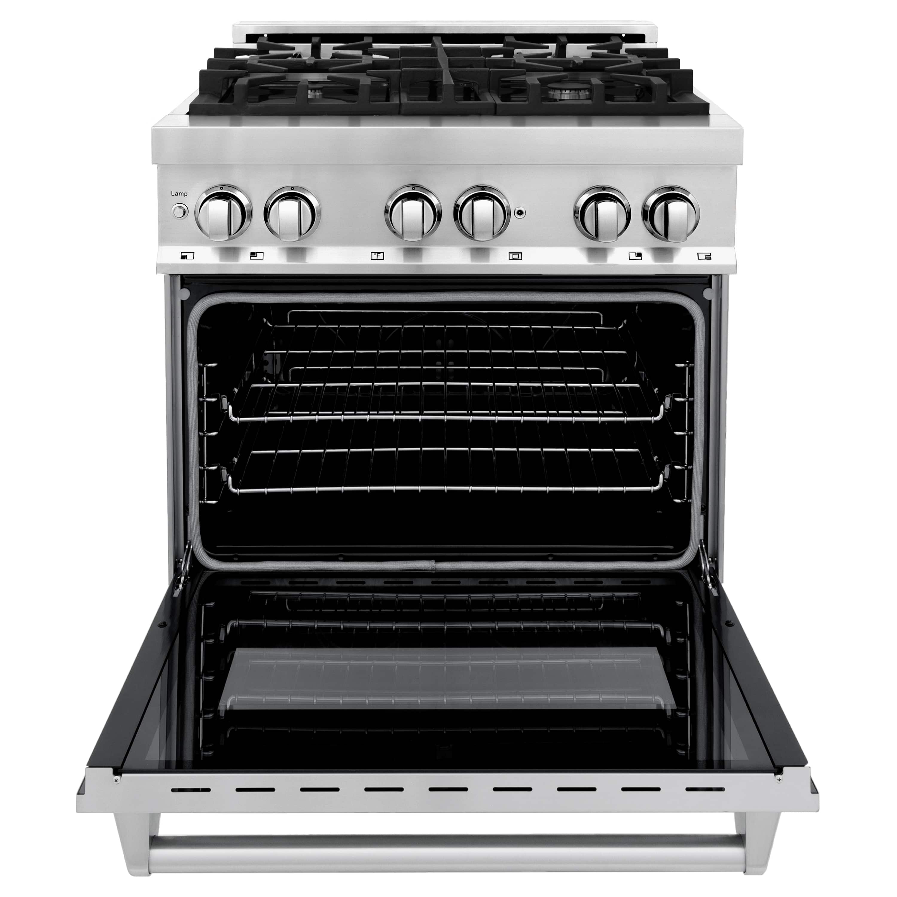 Stainless steel dual-fuel range with open oven door and visible oven racks