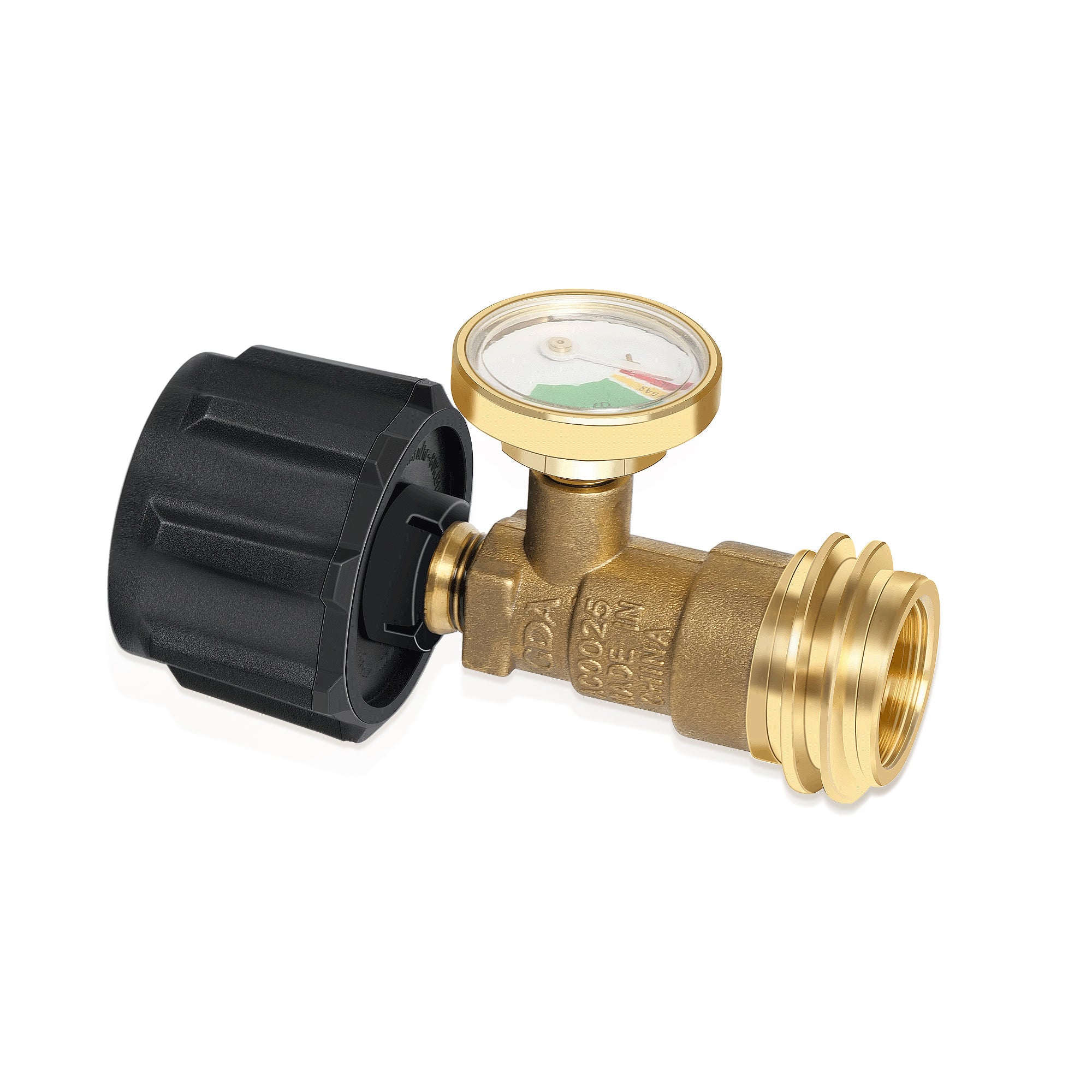 Propane tank gauge valve with black coupling, brass body, and round pressure gauge