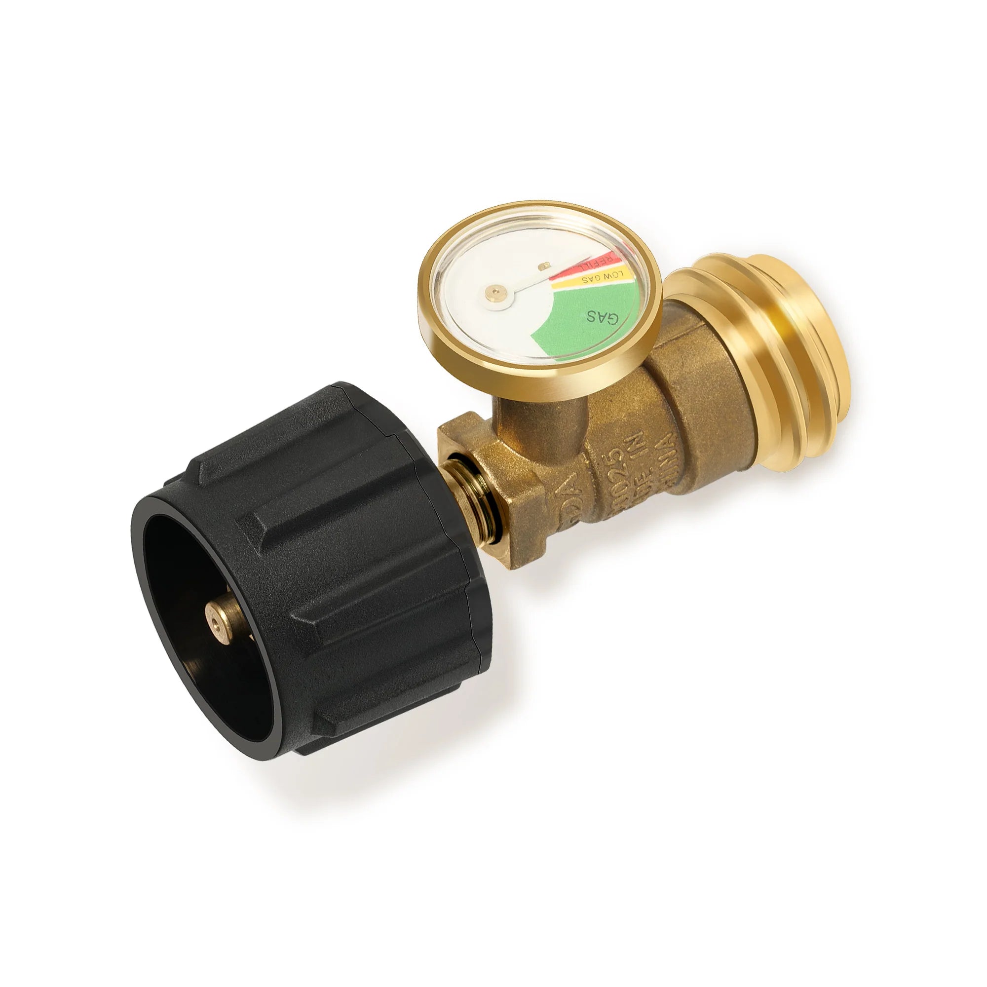 Propane tank gauge valve with black inlet, brass fittings, and round pressure gauge