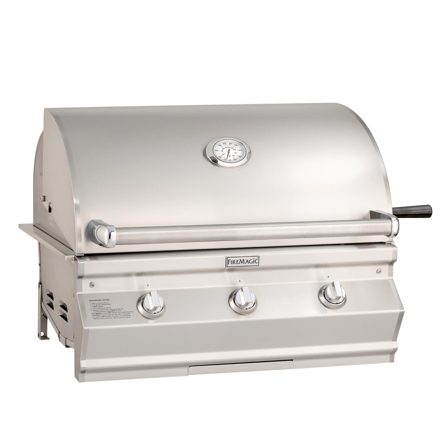 Stainless built-in gas grill with analog thermometer and four control knobs