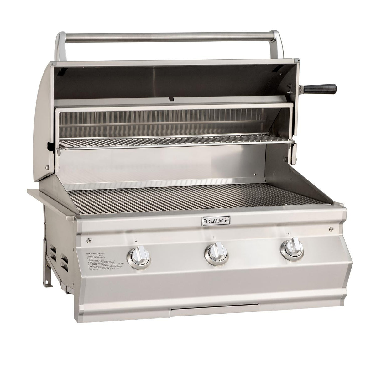 Open stainless built-in gas grill showing lid interior and cooking grates
