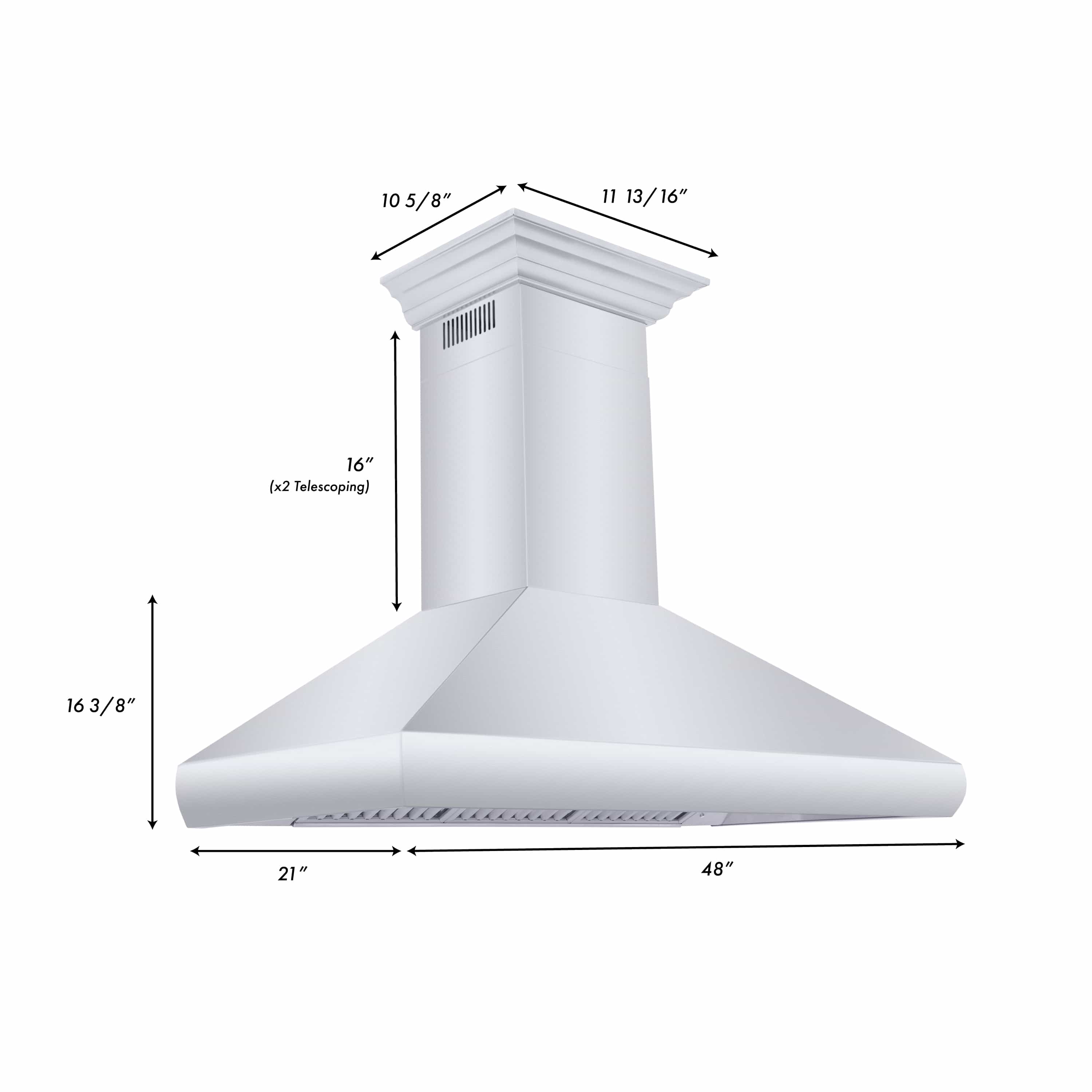 Light-colored wall-mount range hood with crown molding, telescoping chimney, and wide canopy