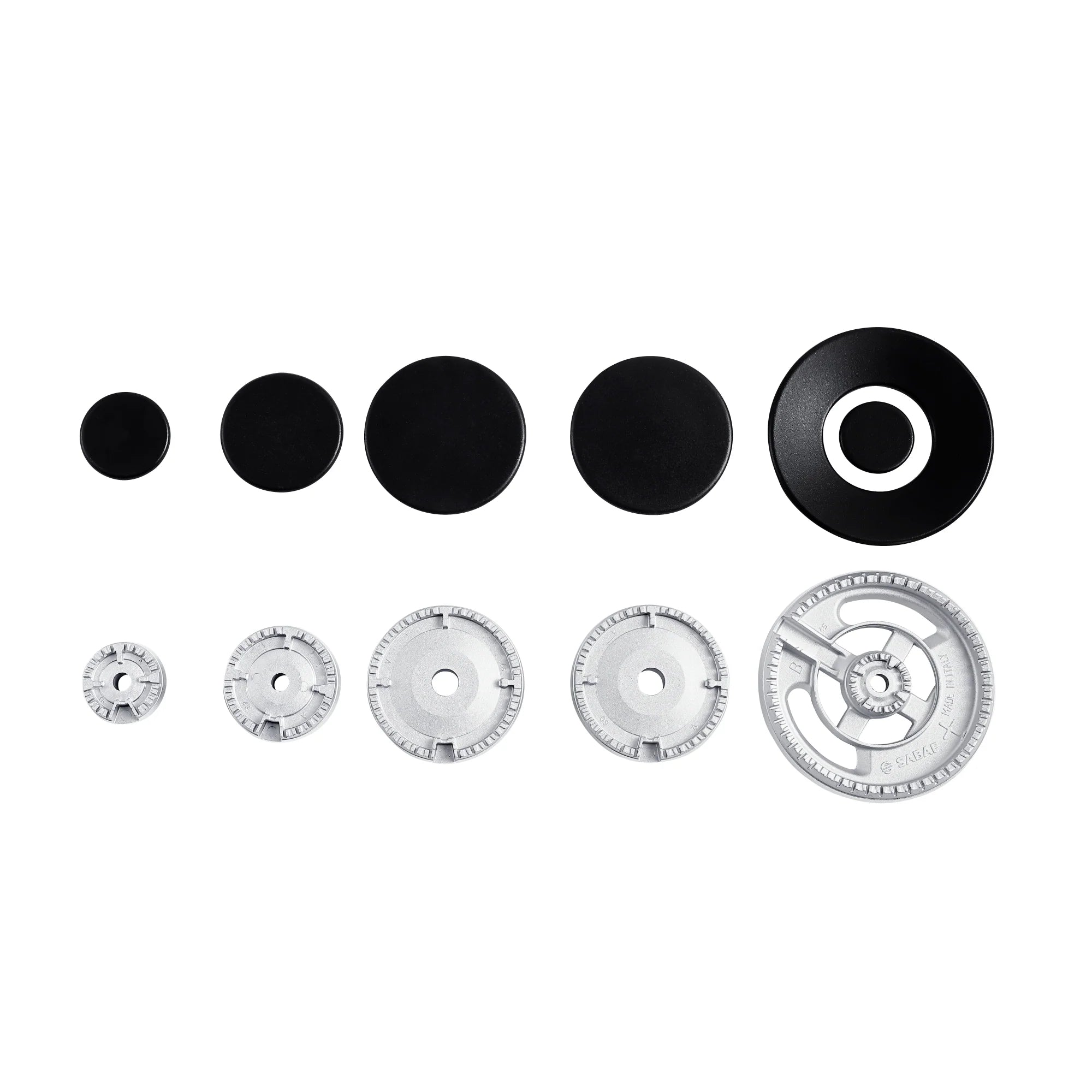 Set of black burner caps and metal burner head parts for gas cooktop