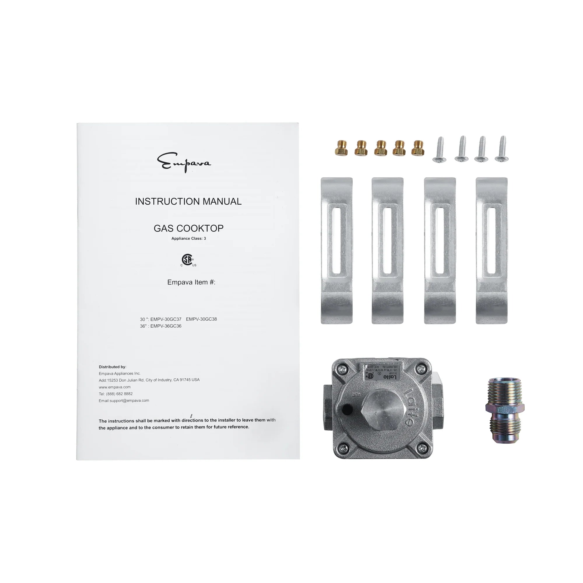 Gas cooktop instruction manual and installation hardware kit with mounting parts