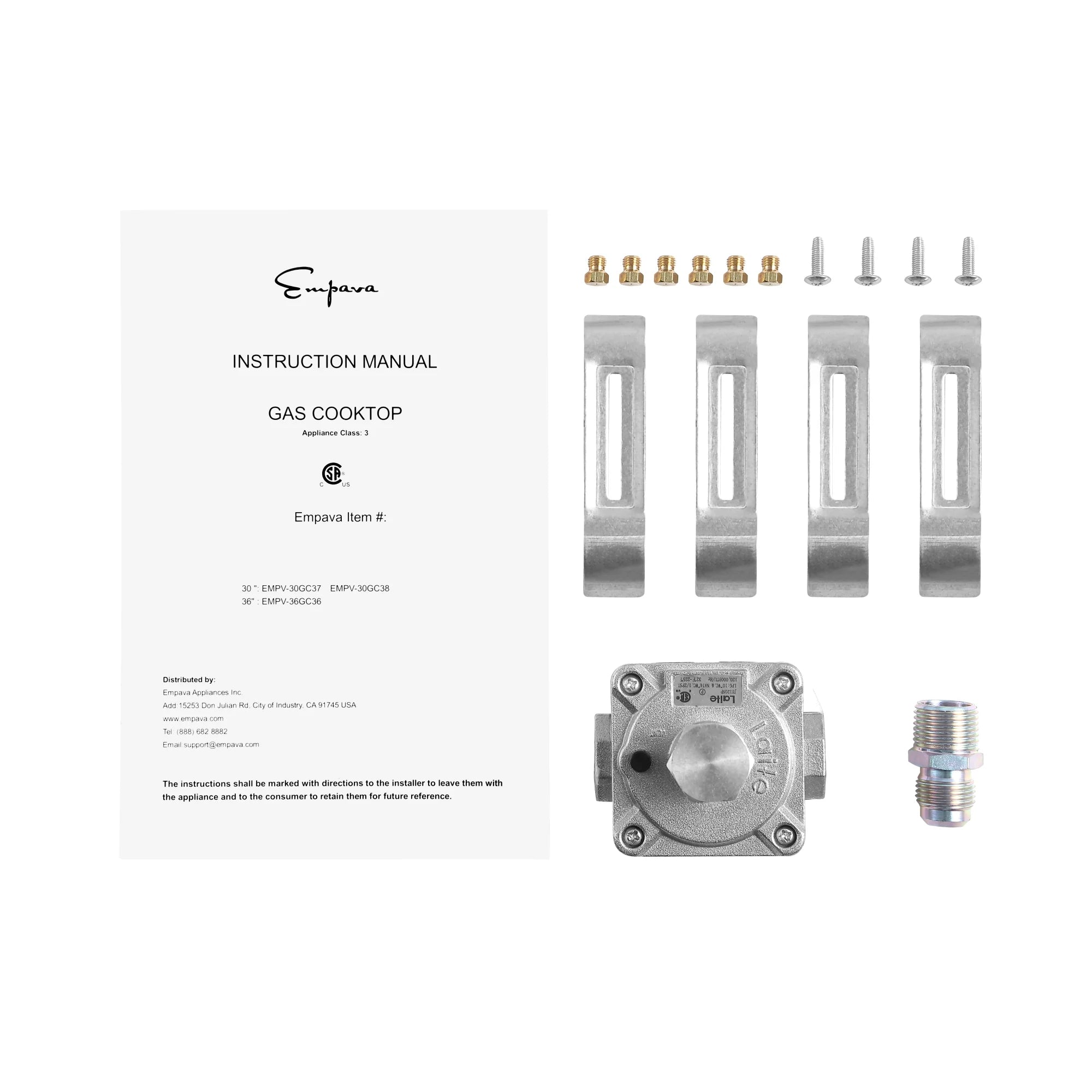 Gas cooktop instruction manual with burner conversion parts and igniter components