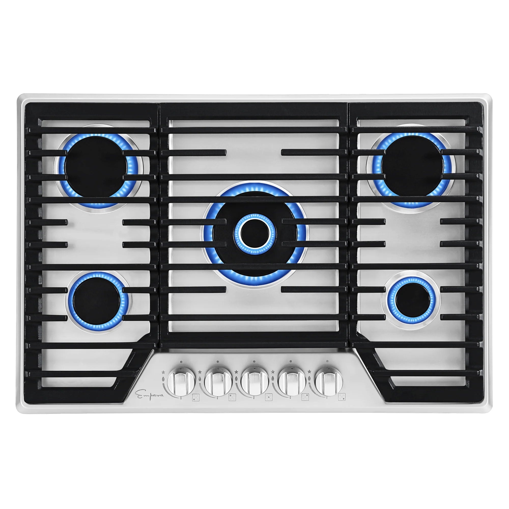 Stainless steel gas cooktop with lit burners, black grates, and central control