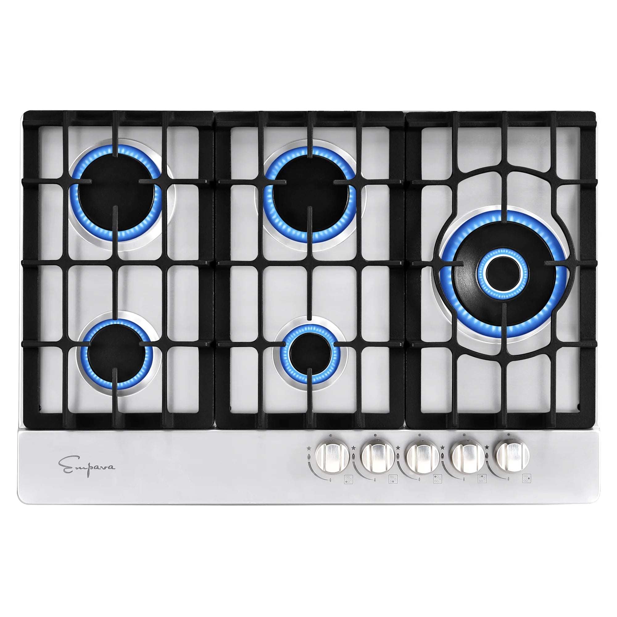 Empava natural gas cooktop with blue illuminated burner rings, black grates, and control knobs