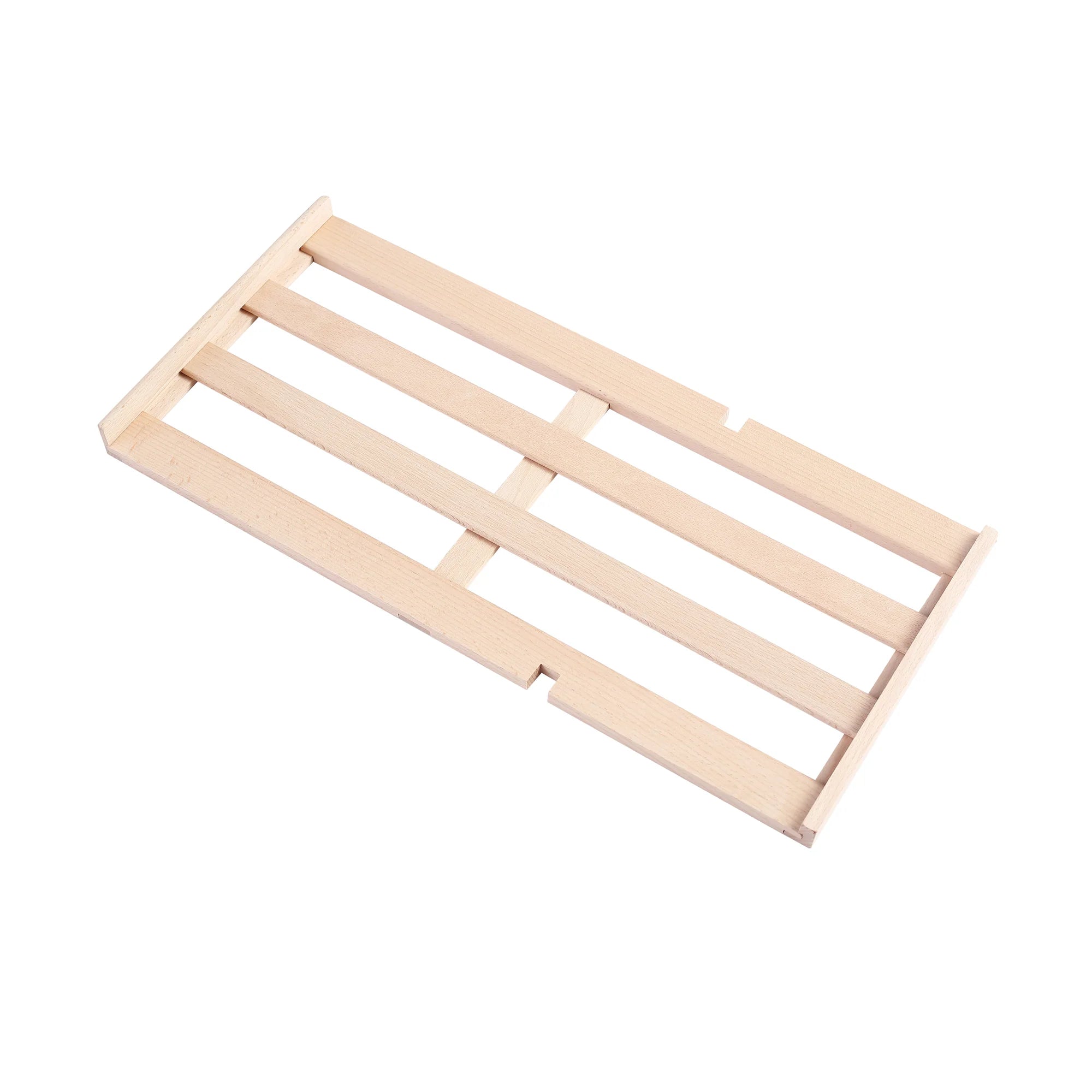 Light wood wine rack insert with parallel slats for bottle storage
