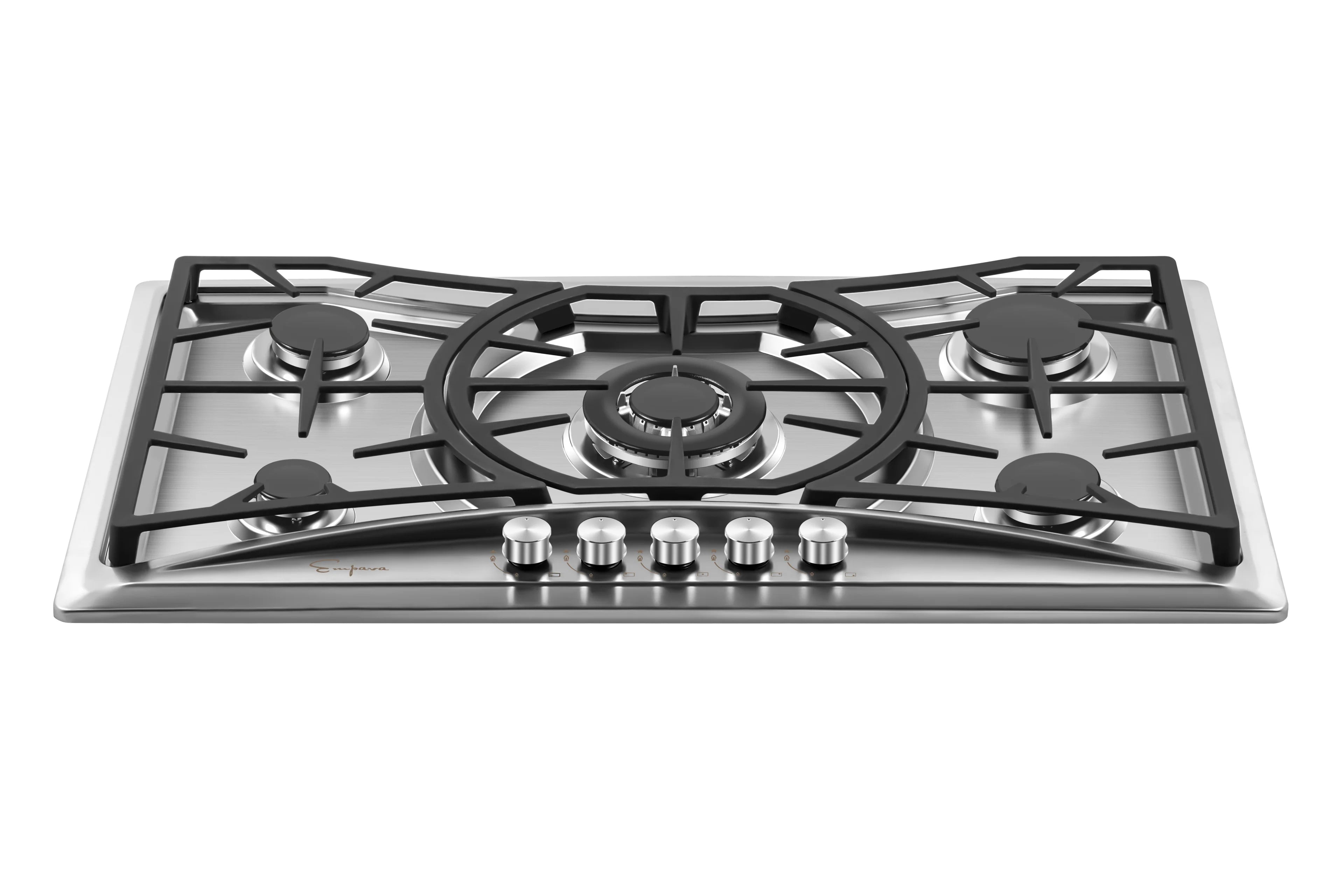 Stainless steel built-in gas cooktop with five burners and front knob row
