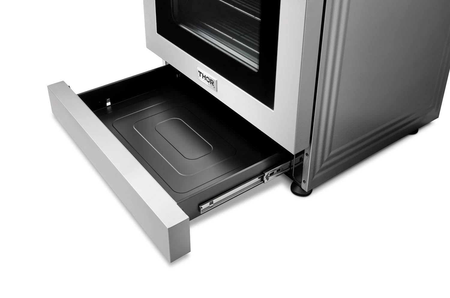 Stainless steel oven storage drawer with inner tray