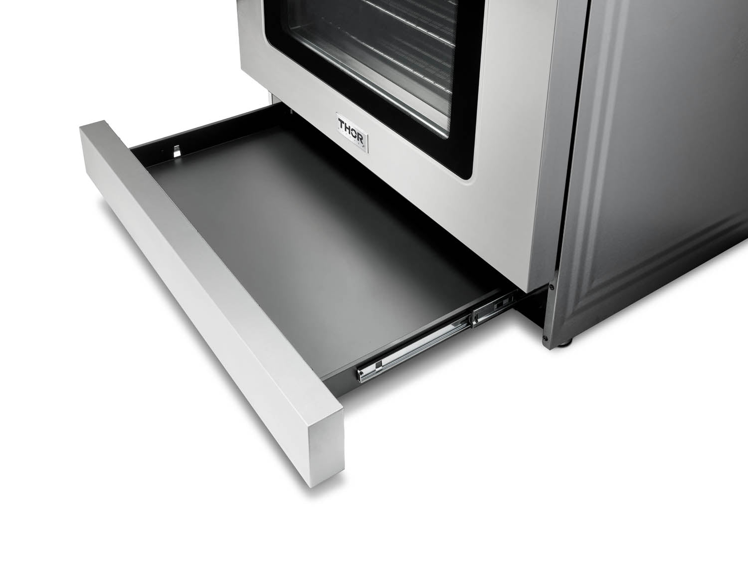 Stainless steel gas range with oven door open showing interior cooking surface