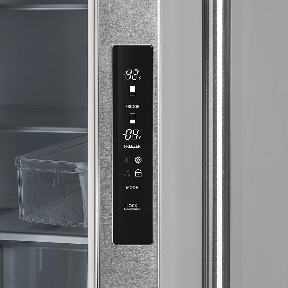Stainless steel refrigerator control panel with digital display and button icons