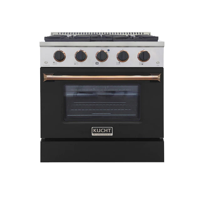 Stainless steel dual fuel range with black oven door and gold handle, 5 burner knobs