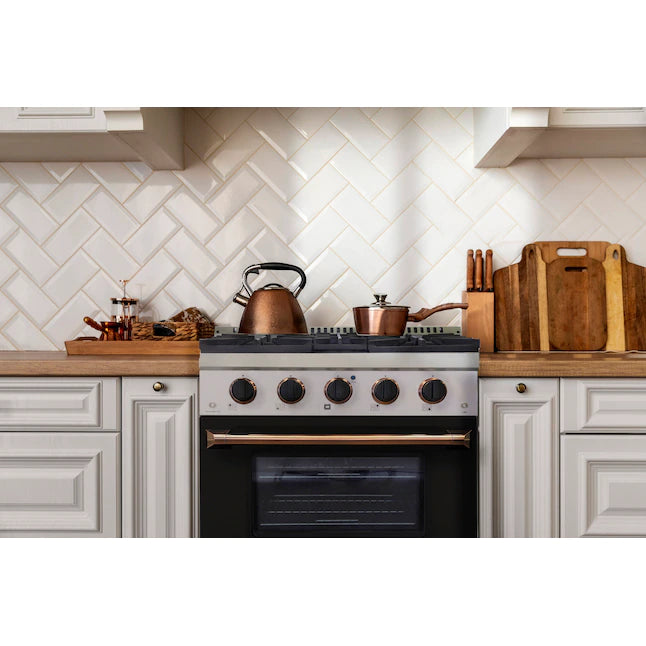 Pro-style dual fuel range installed in kitchen with gold-accent control knobs and oven door