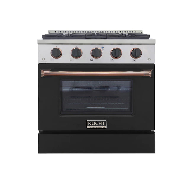 Black 30-inch gas range front view with convection oven door and rose gold handle