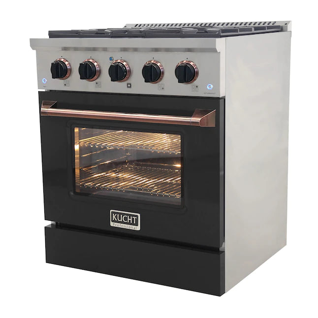 Kucht Signature 30-Inch Gas Range with Convection Oven in Black with Black Knobs & Rose Gold Handle (KNG301-K-ROSE)