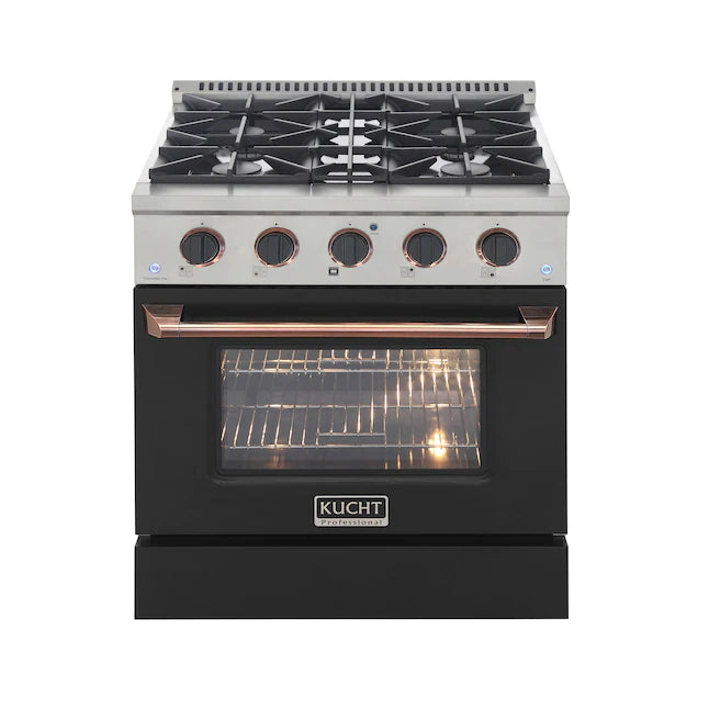 Black 30-inch gas range with convection oven, black knobs, and rose gold handle