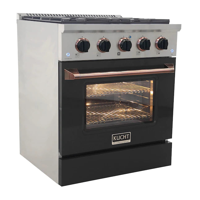 Stainless dual fuel range with illuminated oven window, black door, and control knobs